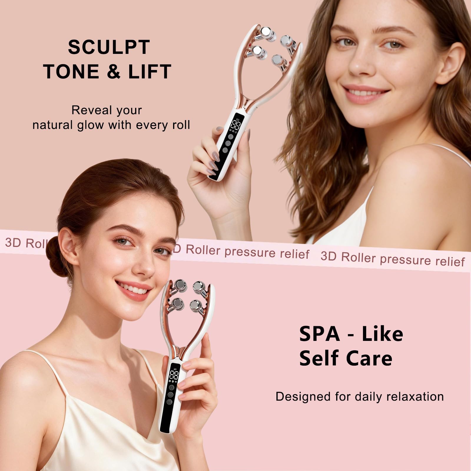 CXGRISE Wireless Facial Massager, 3D Roller Electric Facial Roller, Rechargeable V-Shape Sculpting & Puffiness Relief Tool, Face Roller Lymphatic Drainage for Home & Travel Use (Roller)
