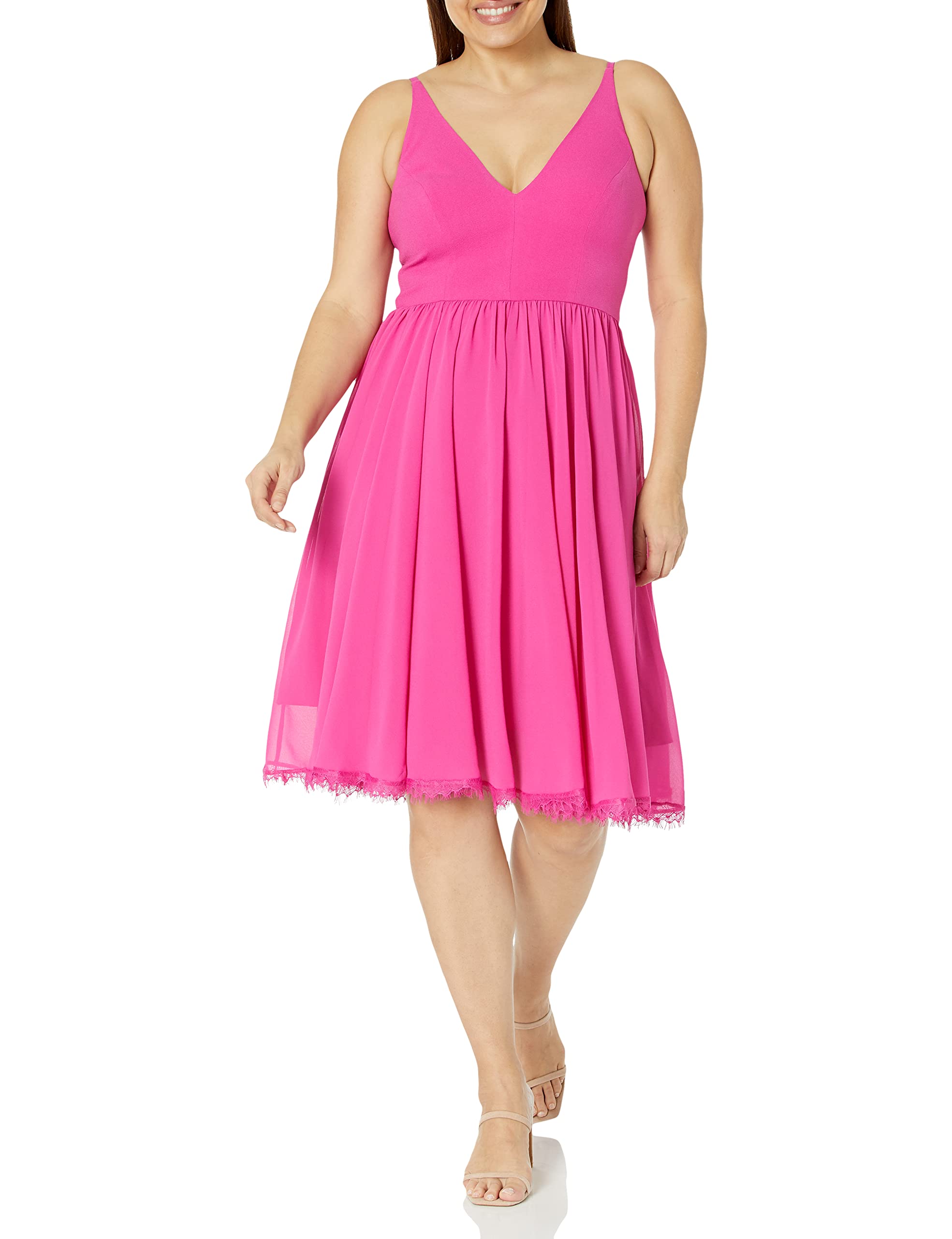Dress the Population Women's Alicia Sleeveless Plunging Fit and Flare Midi Dress
