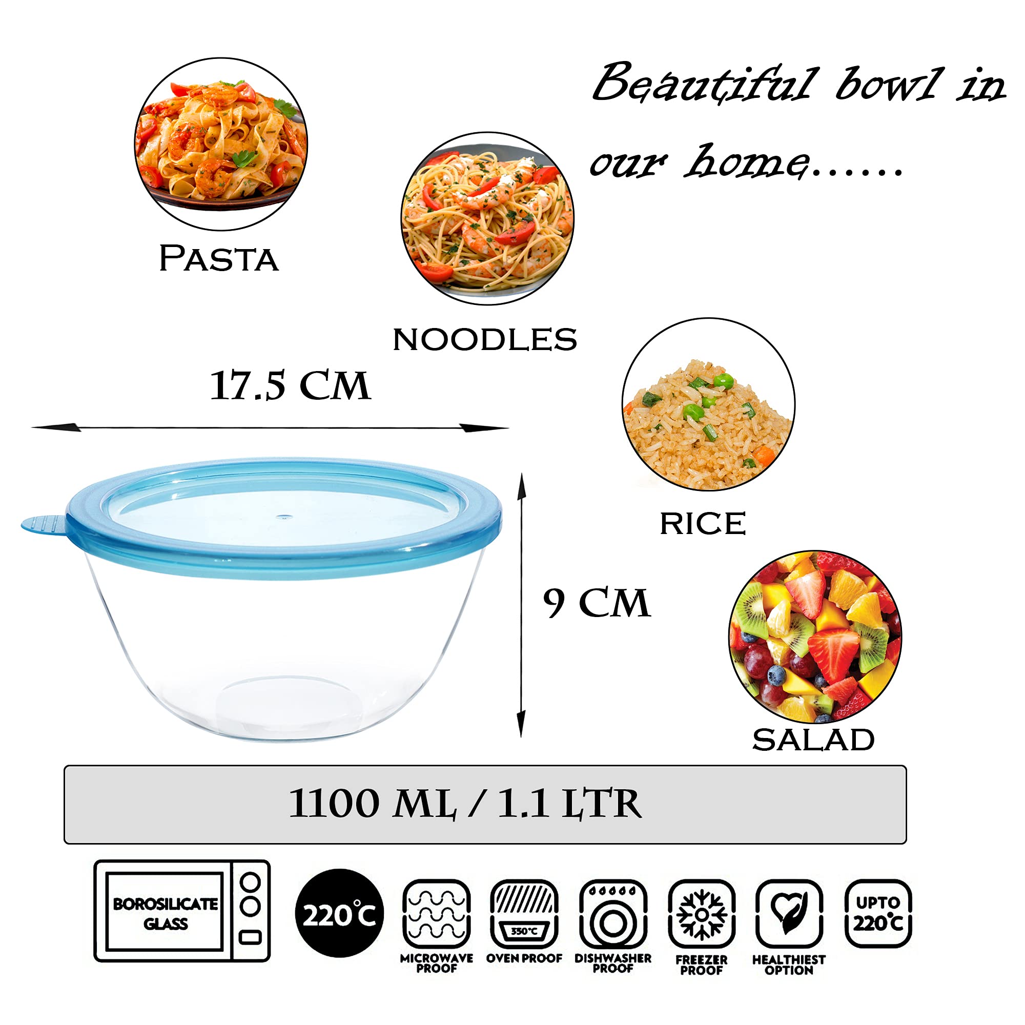 Cutting EDGE Regalia Set of 2 (1100ml + 1600ml) Round Glass Mixing & Serving Bowl, With Lid, Freezer & Dishwasher Safe, Ideal for Kitchen Storage 2