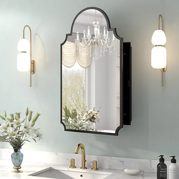 Black Decorative Medicine Cabinet Mirror, 20"x32" Recessed or Surface Mount Metal Irregular Medicine Cabinet for Bathroom, Elegant Curved Aesthetics Mirror with Storage, 2 Stable & Removable Shelves