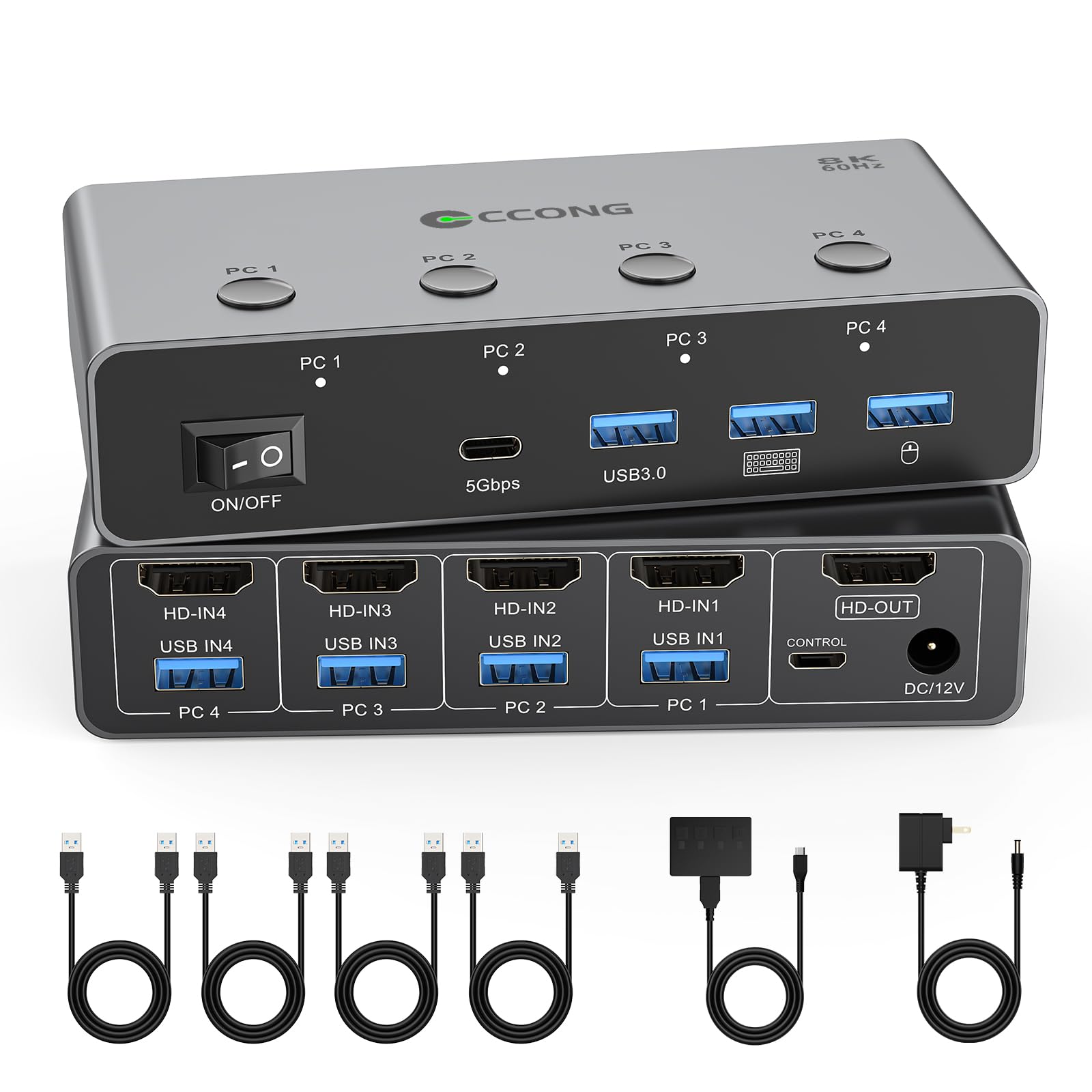 5G USB3.0 KVM Switch HDMI 8K@60Hz for 4 Computers Share 1 Monitor, KVM Switch 4 Port with 3 USB 3.0 and 1 USB-C Ports Share Keyboard Mouse-image-20