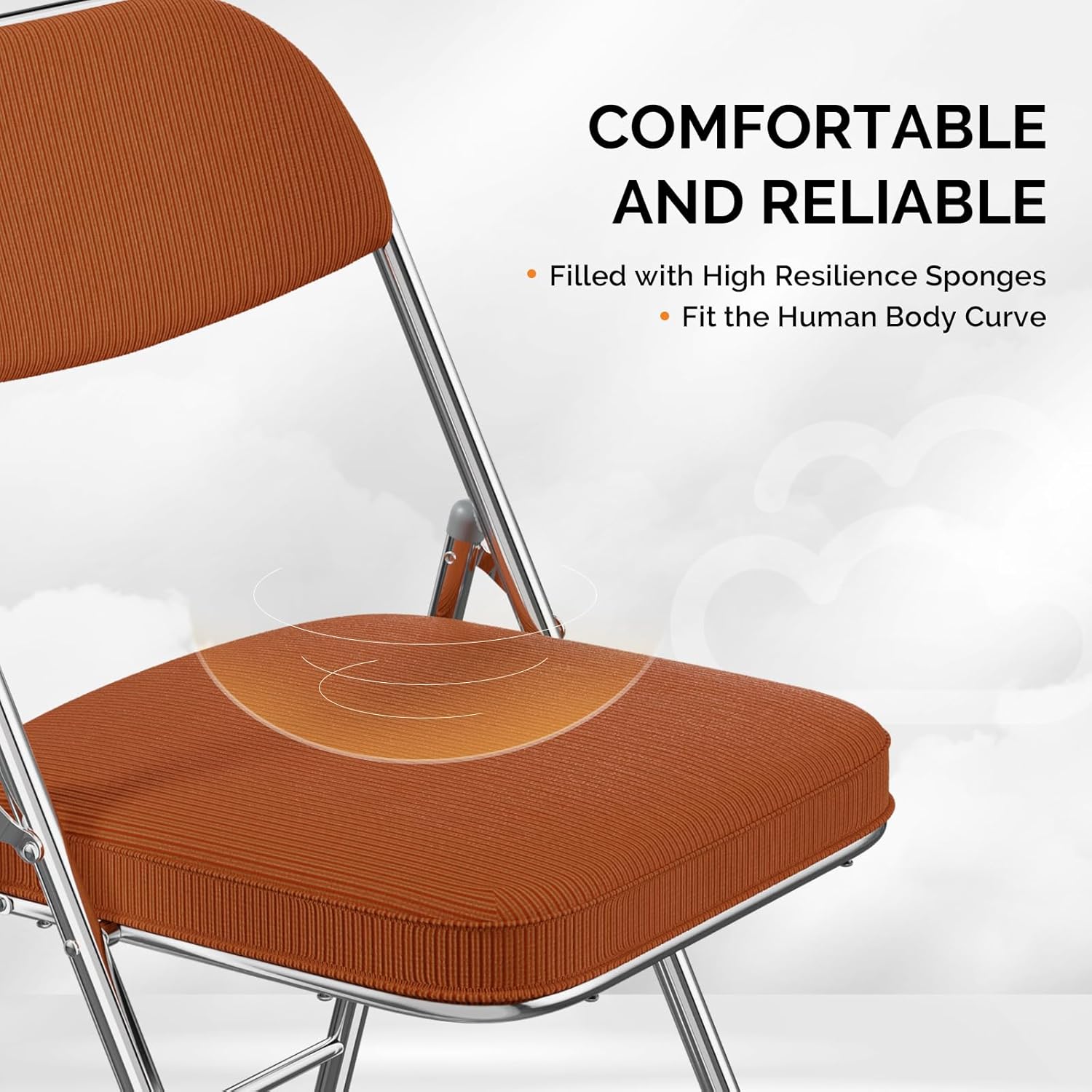 VINGLI 4 Pack Folding Chairs with Padded Seat & Backrest, Metal Frame, Durable Corduroy Fabric, 350 lbs Capacity, Set of 4, Orange – Ideal for Weddings, Parties, Office Events