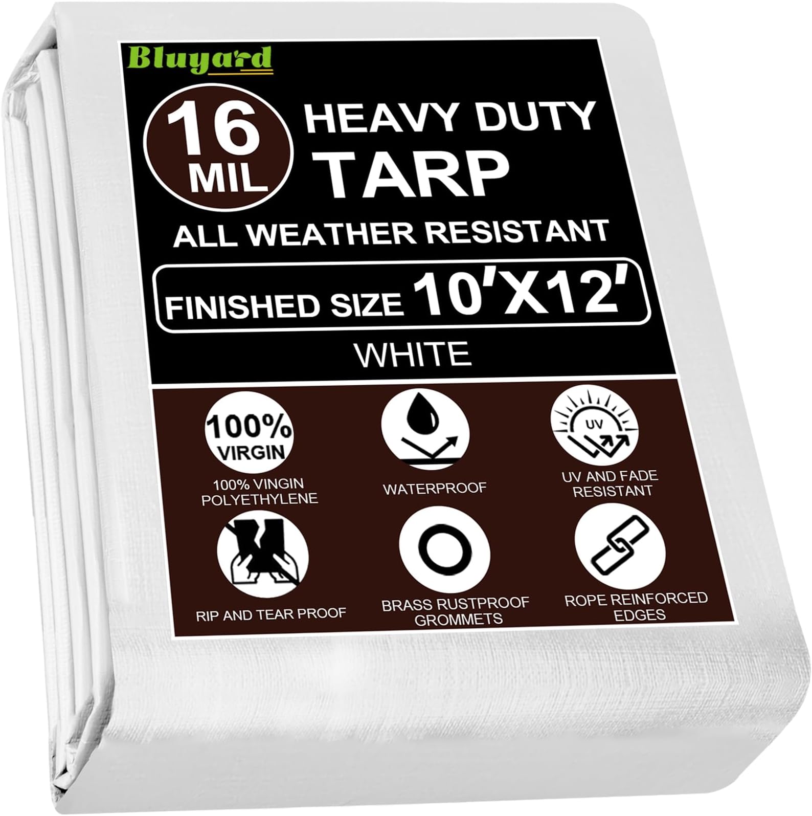 Tarp Waterproof 10x12 Ft Heavy Duty Tarp Thicker 16 Mil Large Tarps with Grommets and Reinforced Edges, UV Resistant Tear&Fade Resistant Plastic Tarp for Outdoor Camping Roof Pool Tent, White