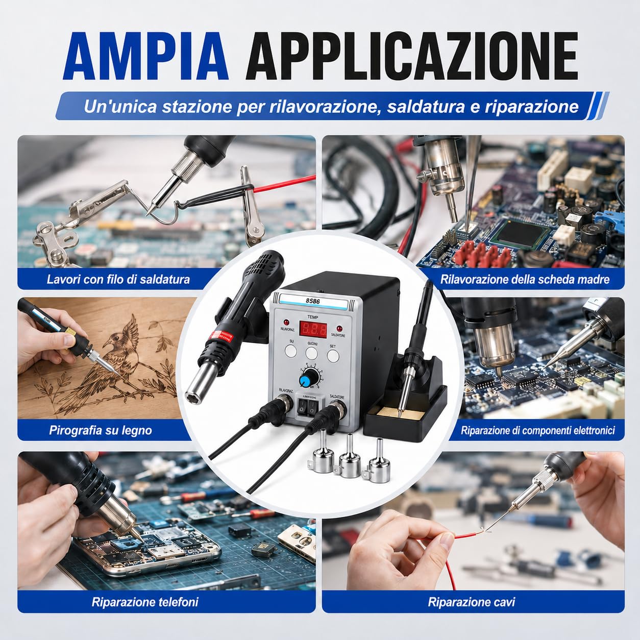 VOBOR Stazione Saldante, 2 in 1 Saldatore a Stagno Professionale ad Aria Calda 700W con Display LED, 200°C-500°C Kit di Strumenti Saldatura per Riparazione Saldante Elettronica