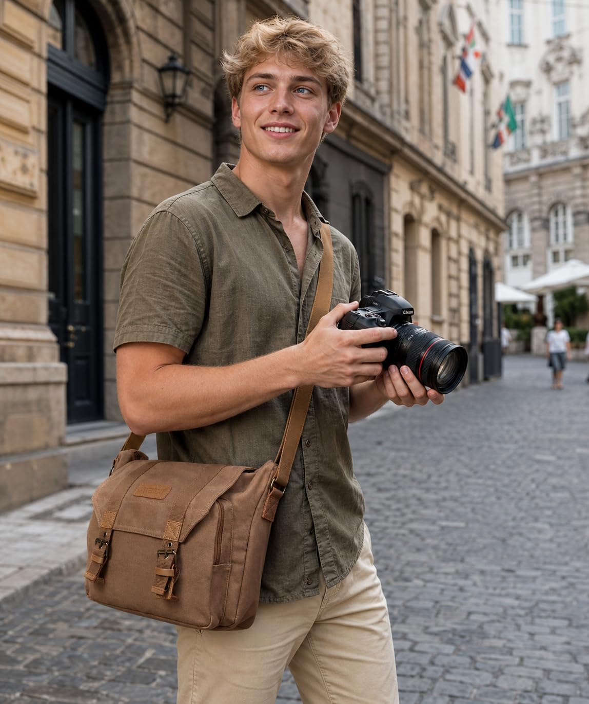 Cwatcun Bolsa para cámara Bolsas de Lona para cámara, Bolsa para cámara SLR, SLR/DSLR, cámara compacta, cámara de Sistema y Accesorios con Estuche extraíble Bolsa Mensajero, Café, L