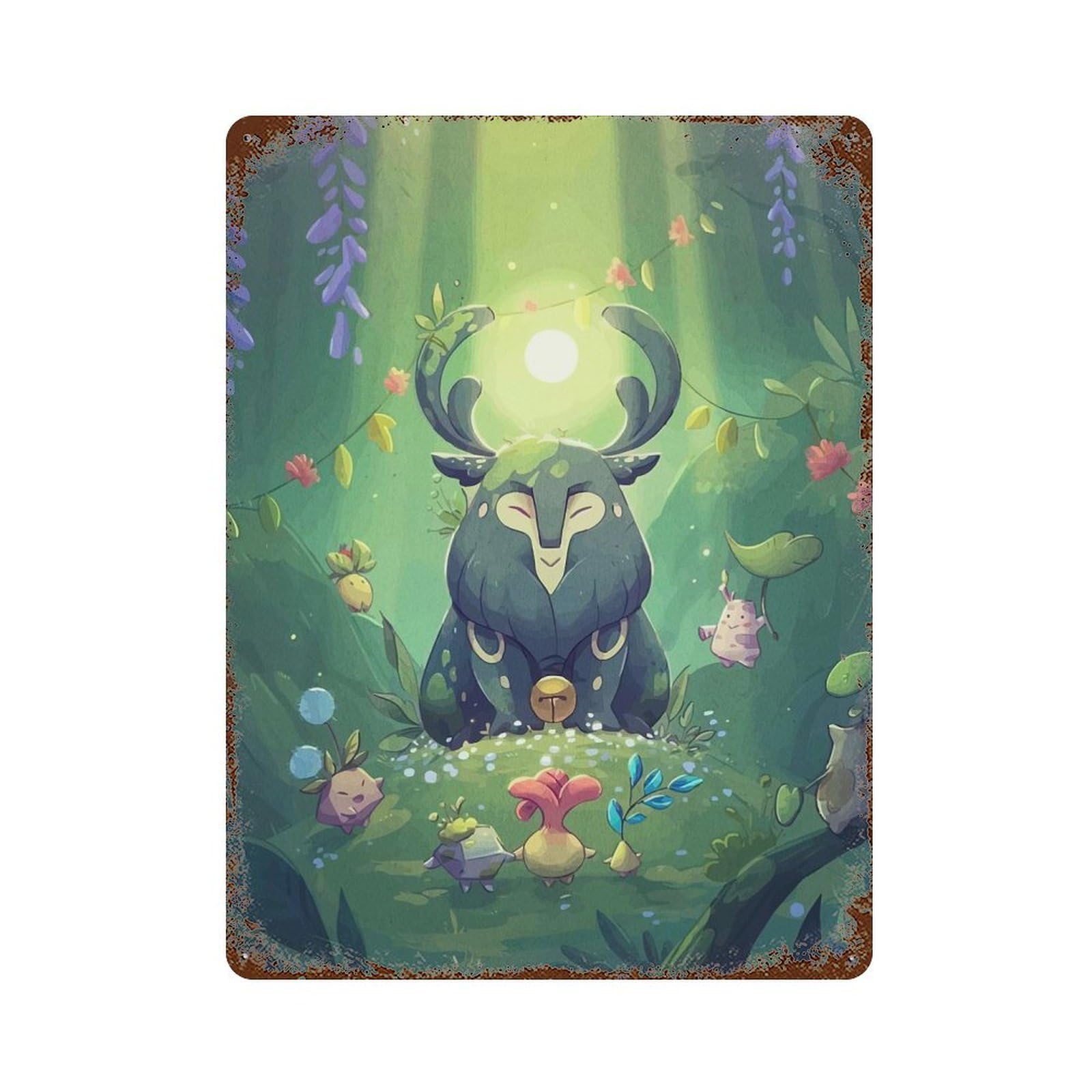 Forest Spirit And Plant Creatures Rust Effect Tin Sign 15.7"x11.8", Retro Wall Decor for Pub, Kitchen And Man Cave Decor
