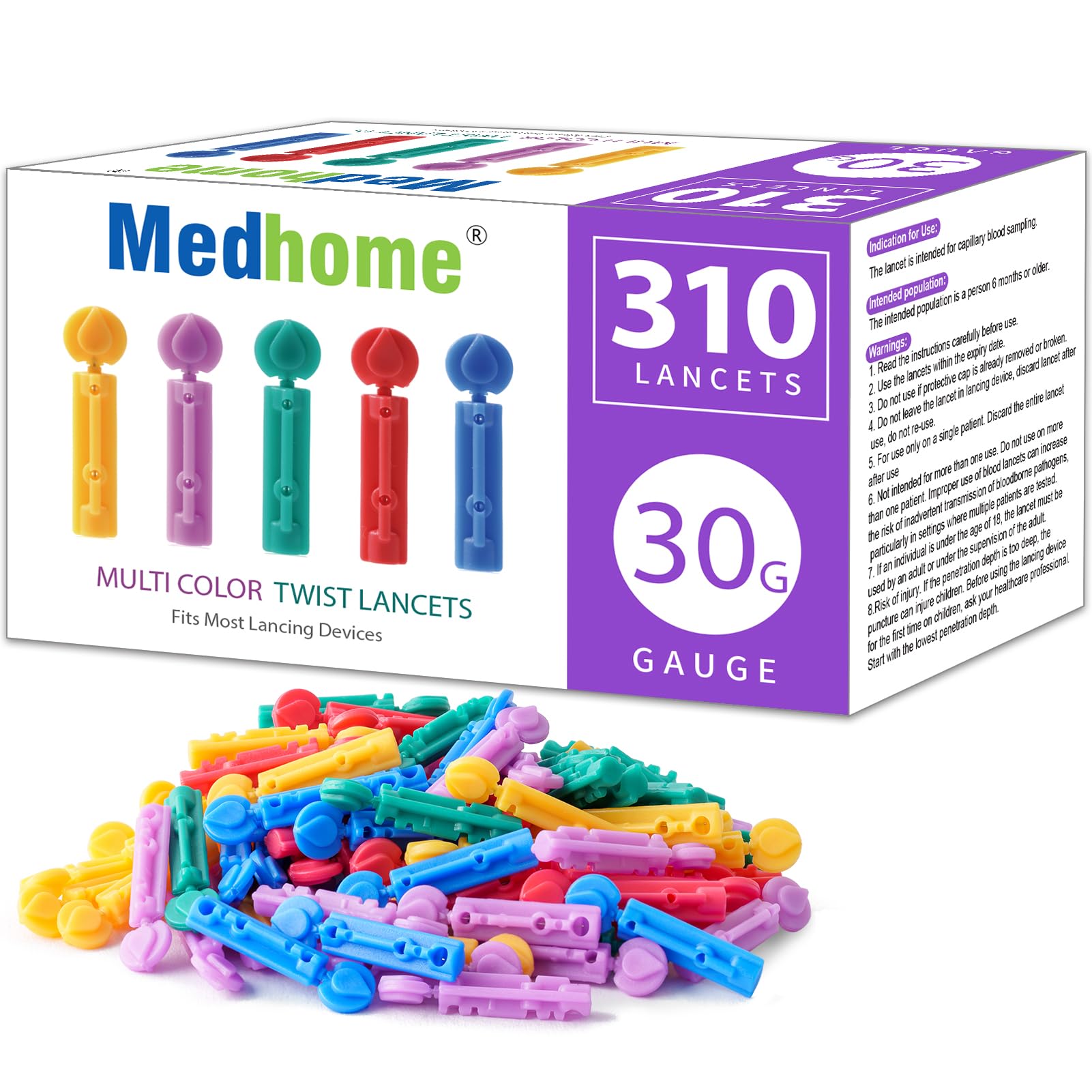 Medhome Blood Lancets, Single use, 30 Gauge Twist top Lancets for Diabetes Testing, Fits Most Lancing Devices for Blood Sugar Kit and Glucose Meter - 310 Count per Box - Multi-Color