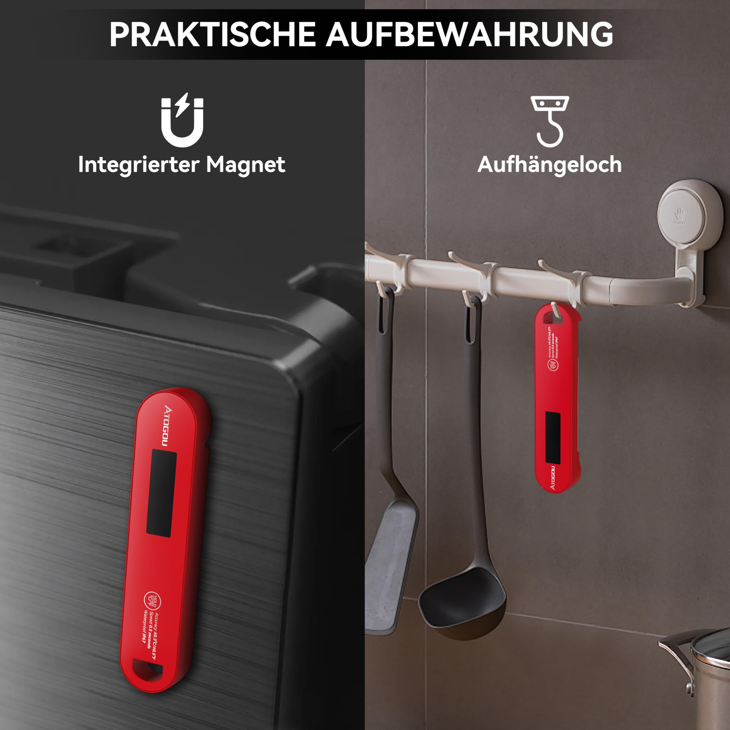 ATOGOU Thermomètre numérique ultra rapide IP67 étanche avec fonction Hold, écran rotatif à 180°, pour barbecue, liquide, rôti, bonbons, bœuf (rouge)