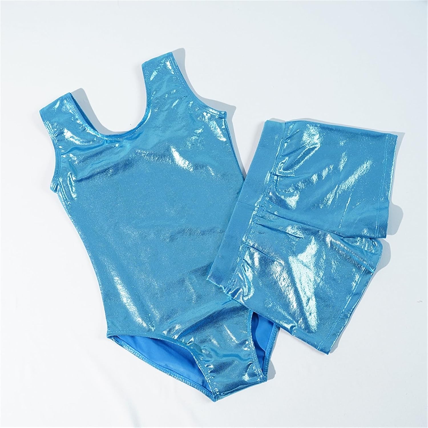 Sleeveless Shiny Girls Gymnastic Dance Trainingwear Tank Leotard With Short Suit