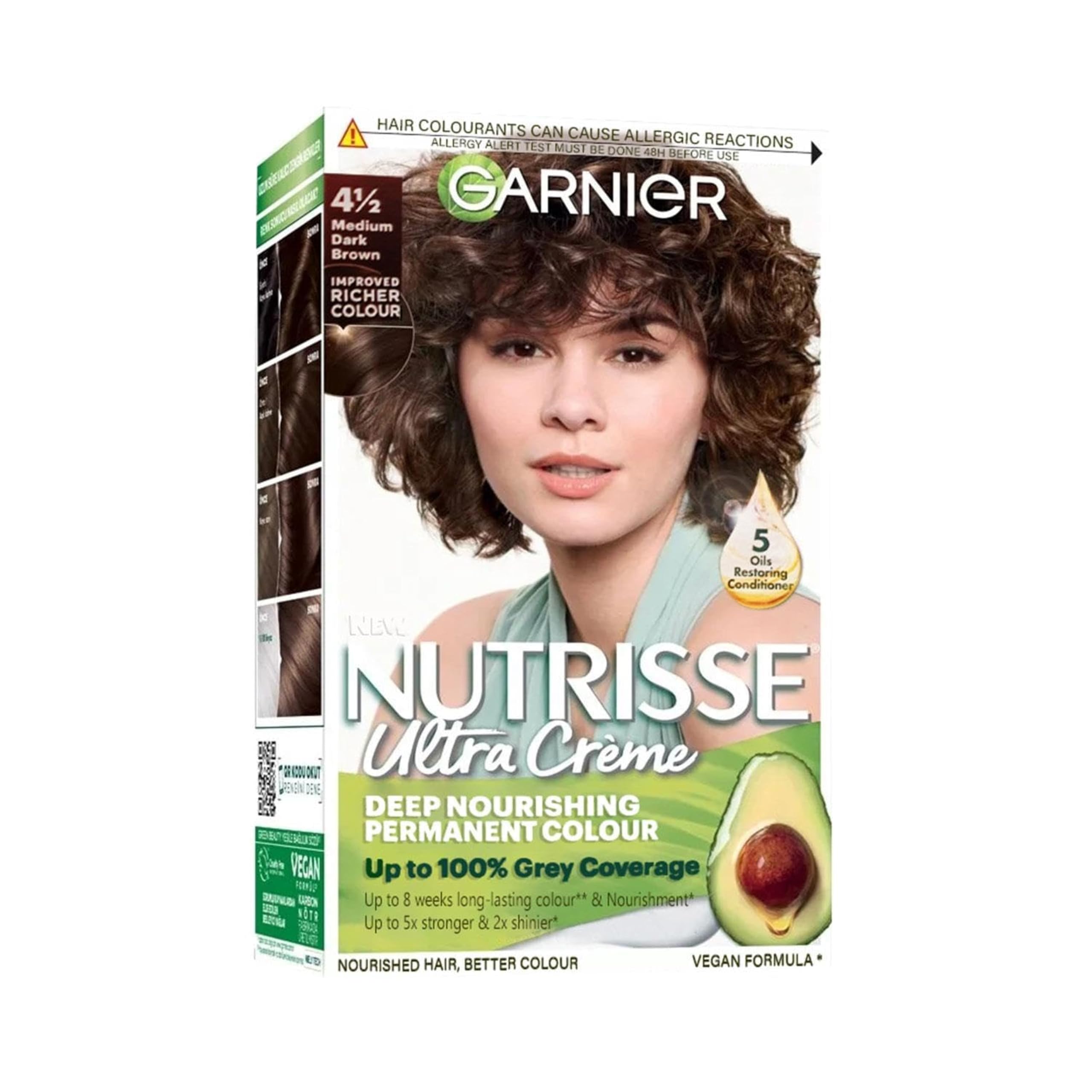Garnier Nutrisse Crème Hair Dye, 100% Grey, 8-Week Colour, No Ammonia, Vegan, 4.5 Medium Dark Brown