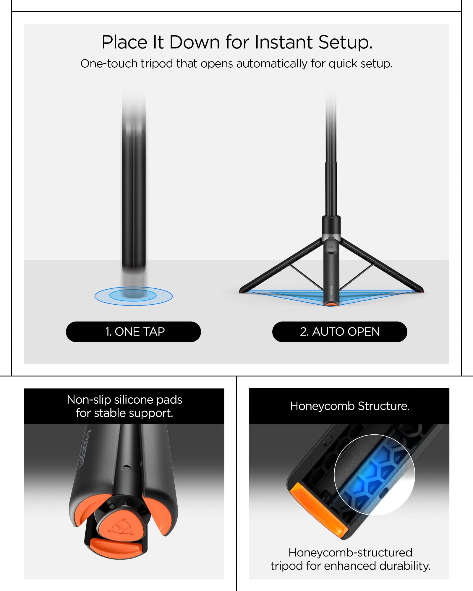 Spigen S582W Selfie Stick Treppiede MagSafe, Bastone Selfie con Telecomando Bluetooth, Estensibile 166,5 cm, Testa 360°, Supporto Magnetico, Anello Universale - Nero