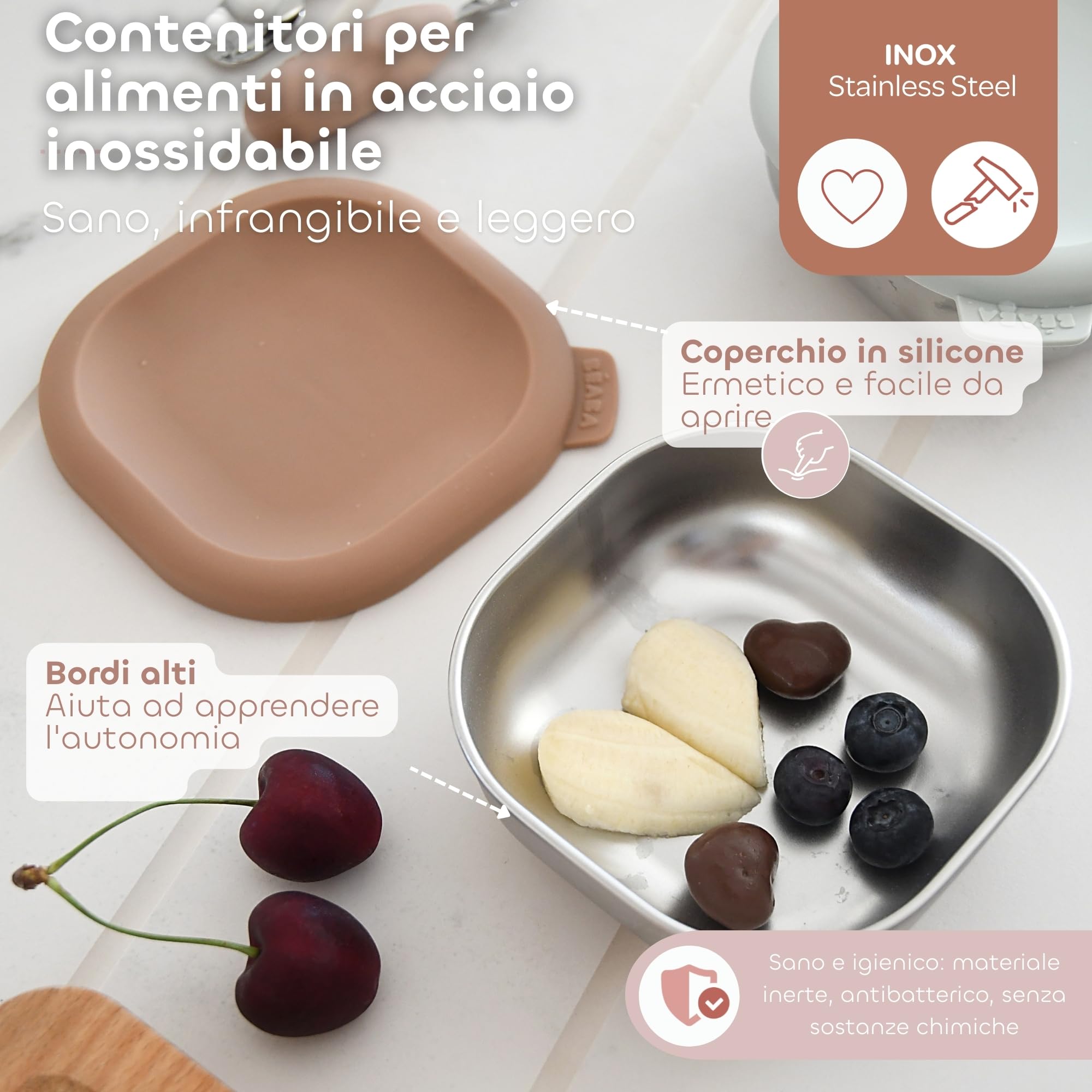 BÉABA Box Pappa Inox – Vasetti Ermetici per Bebè, Purè e Merende, Resistenti e Infrangibili, Senza BPA, Congelatore e Microonde – Natural Set