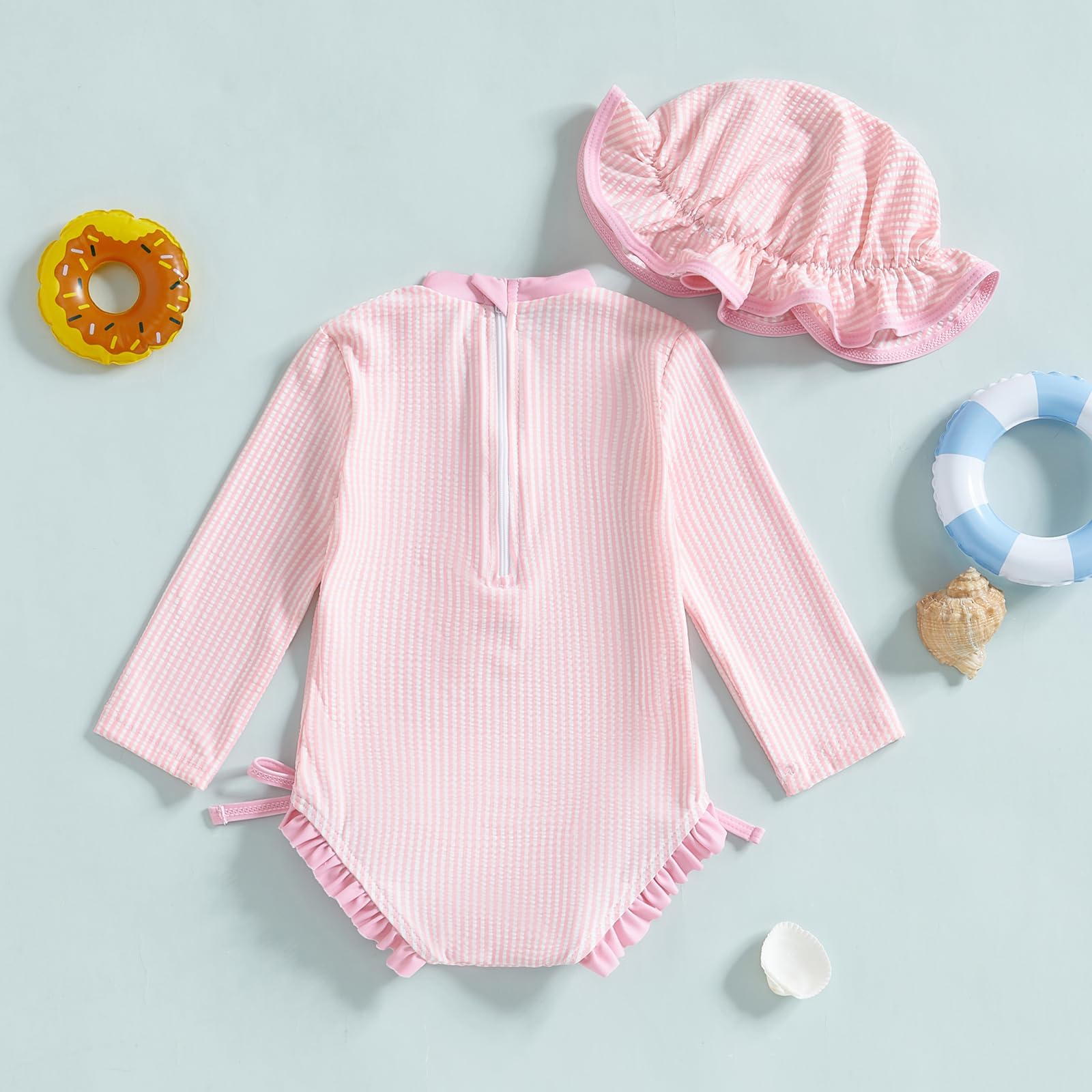 Maillot de Bain Rayé à Volant pour Bébé Fille Adorable Maillot Une Pièce Zippé Manches Longues Anti-UV avec Chapeau Ensemble pour Plage Été 6 Mois à 3 Ans