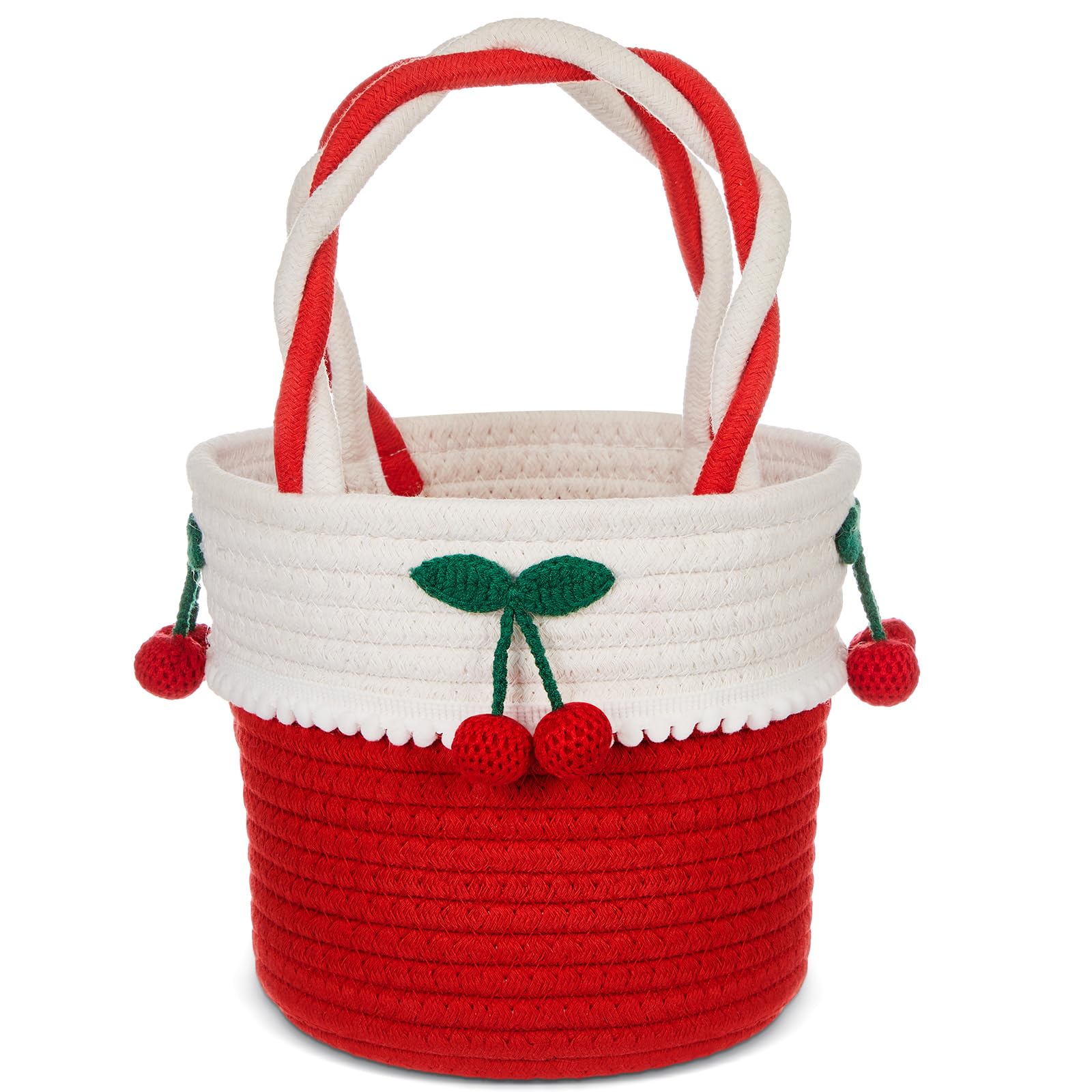 Honeydak Cherry Basket with Handles Small Woven Storage Basket Cute Cotton Rope Cherry Round Decorative Rope Bin for Home Organization Storage Gift Baby Cat Dog Toy,7.3