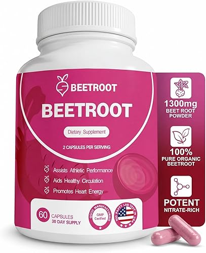 Cápsulas de remolacha – Suplemento de polvo de raíz de remolacha sin OMG de 1300 mg – 60 cápsulas veganas para energía natural, flujo sanguíneo y