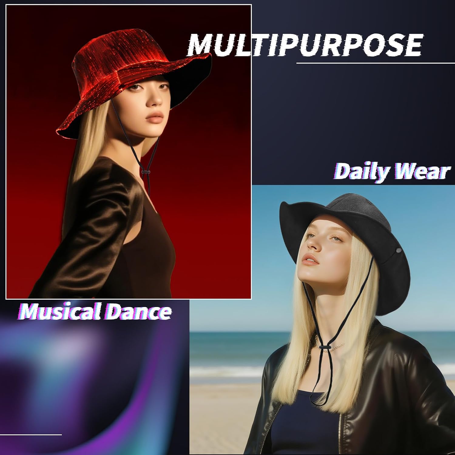 LED Bucket Hat for Women - Light up Fisherman Cap 7 Colors Glow in The Dark Funny Hats USB Rechargeable Rave Party Hats