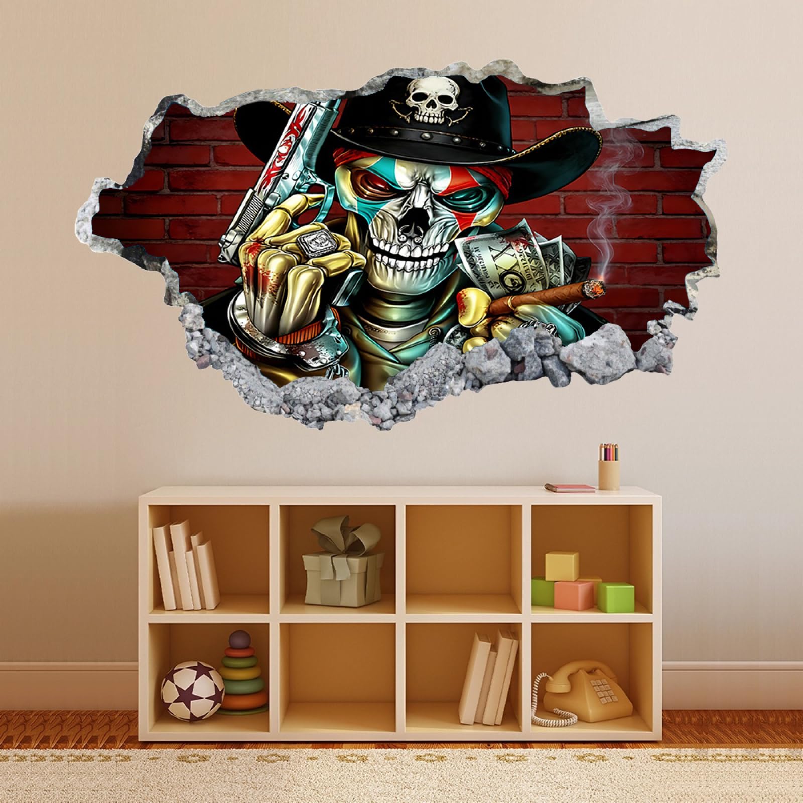 Calcomanía de pared 3D Esqueleto Vinilos Decorativos Impermeable Tatuaje de pared para dormitorio de niños, sala de estar, decoración del hogar 70x122cm