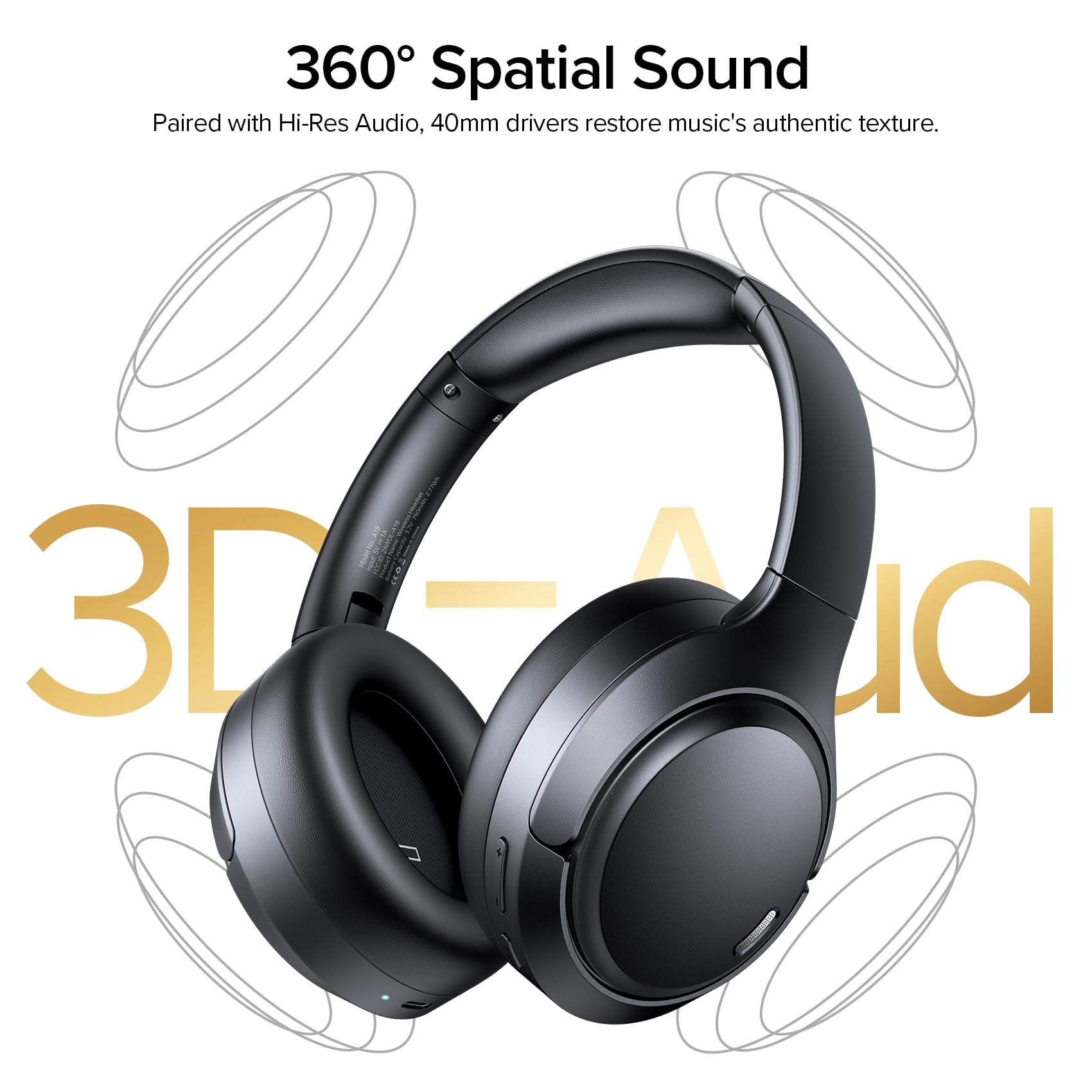 Casque hybride Bluetooth 6.0 avec suppression active du bruit, 120 heures de lecture, micro 6 ENC, casque supra-auriculaire sans fil, audio haute résolution, écouteurs en mousse à mémoire de forme