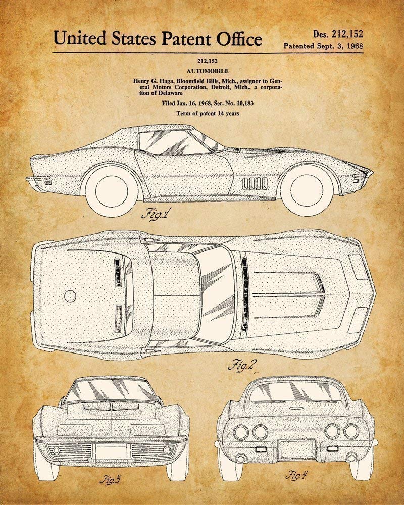 Original Corvette Patent Art Prints - Set of Four Photos (8x10) Unframed - Makes a Great Man Cave Decor and Gift Under $20 for Corvette Owners and Car Enthusiasts