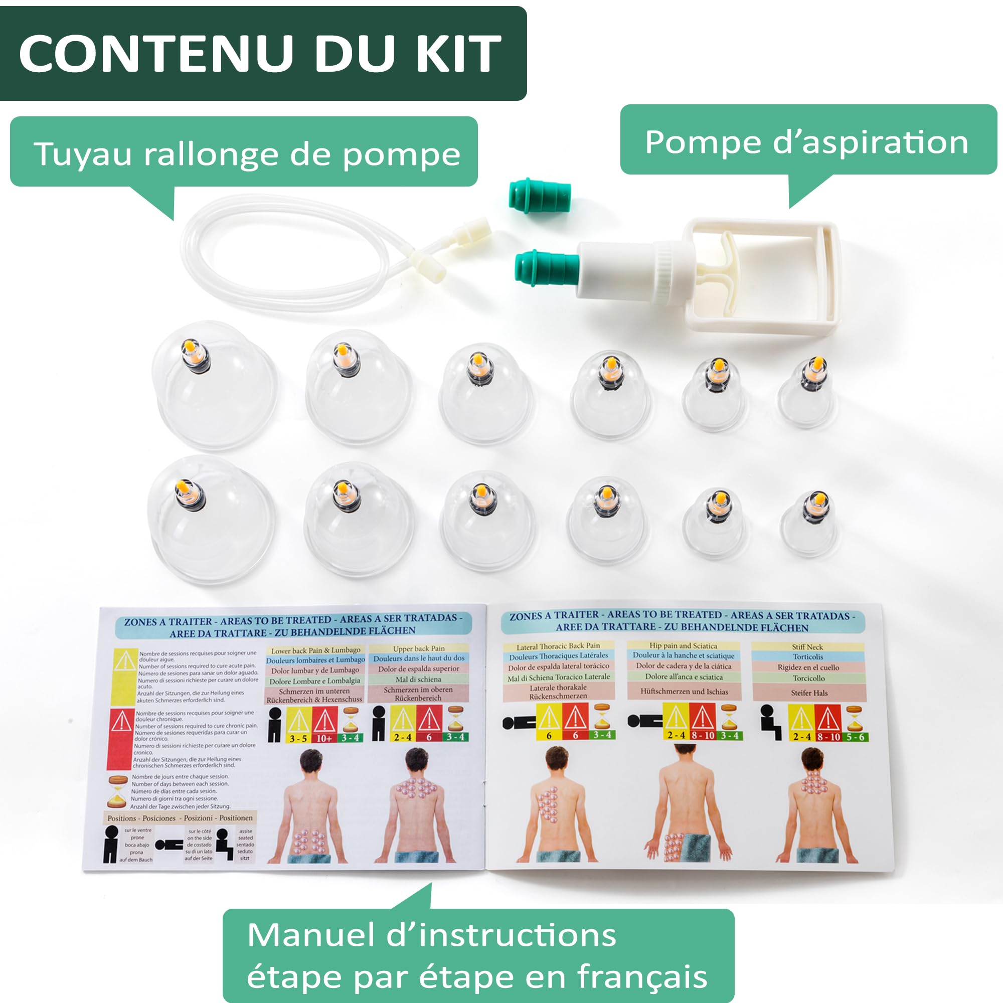Uplife Kit de 12 Ventouses Thérapeutiques -Instructions en Français- Ventouse Massage Kiné Anti Cellulite Soulage Douleurs Fatigue - Ventouses Chinoises de Cupping Pistolet Massage Hijama Acupuncture