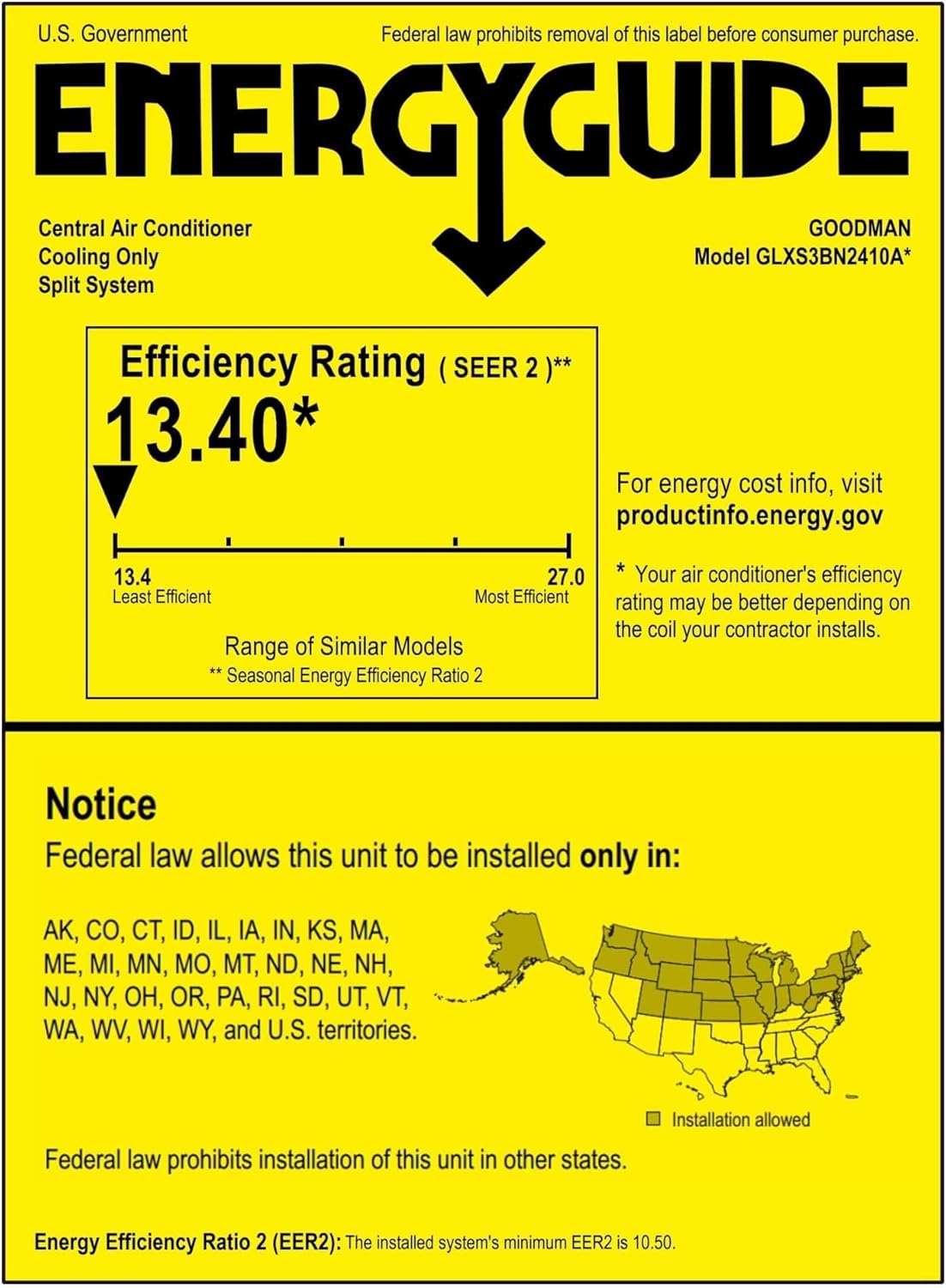 EnergyGuide for Goodman GLXS3BN2410 Central Air Conditioner
