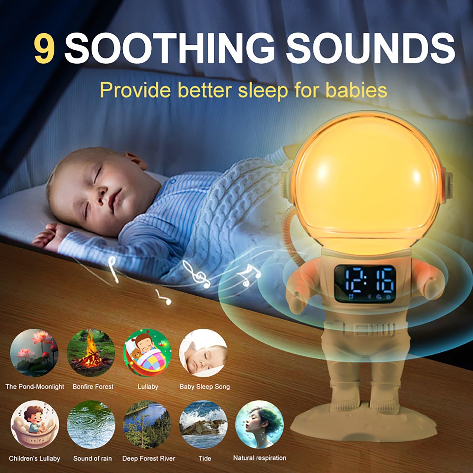 Astronaut Wake Up Light Wecker mit Sonnenaufgangssimulation, Nachtlicht und 9 Beruhigenden Klängen, Sleep-Timer für Kinder und Erwachsene, Schlafzimmerdekor