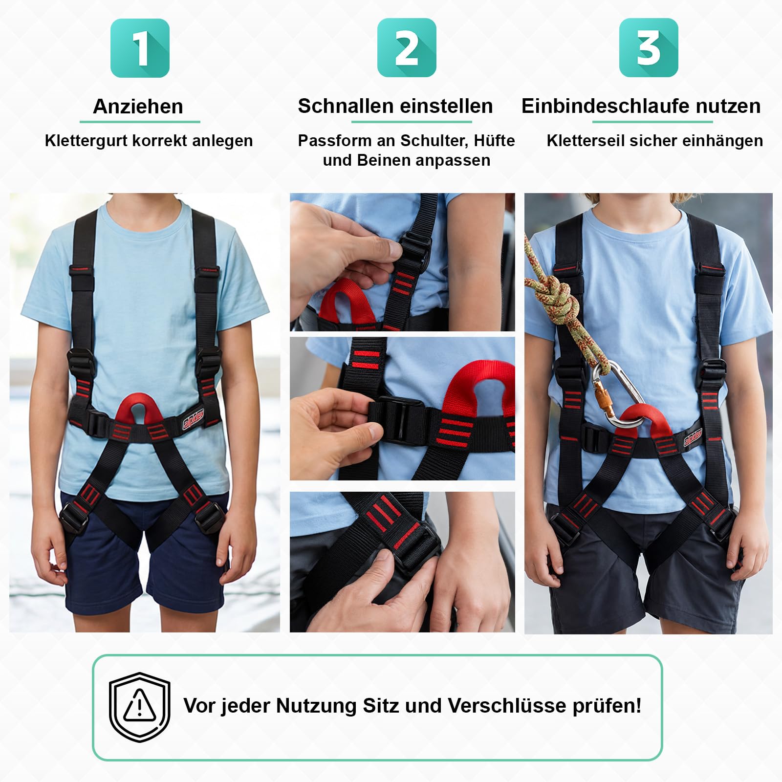ALPIDEX Klettergurt für Kinder – Komplettgurt Typ B nach EN 12277, stufenlos verstellbar für Klettersteig, Hochseilgarten und Seilpark