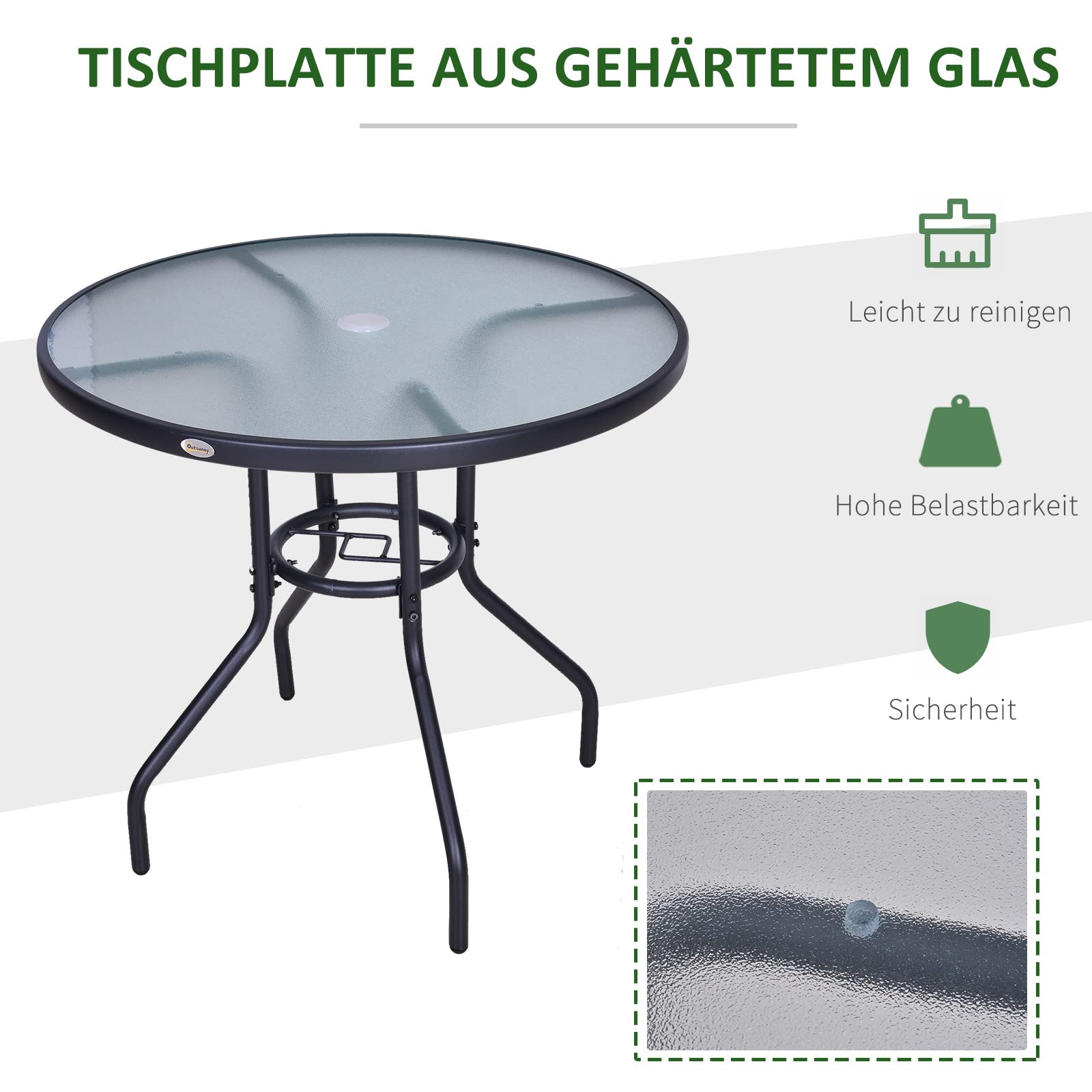 Outsunny Gartentisch Garten Beistelltisch Gartenmöbel Balkontisch Bistrotisch mit Schirmloch Hartglas + Metall Schwarz Ø80 x 72 cm