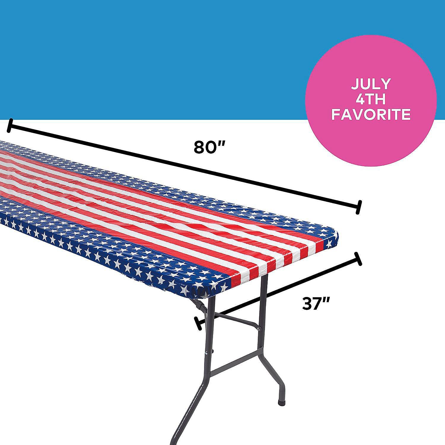 Fun Express Patriotic Table Cloth Rectangle Table Fitted Plastic Tablecloth Disposable 37x80 Inch - Red White and Blue Stars Stripes Table Cover for 4th of July Party Supplies and Memorial Day Decor