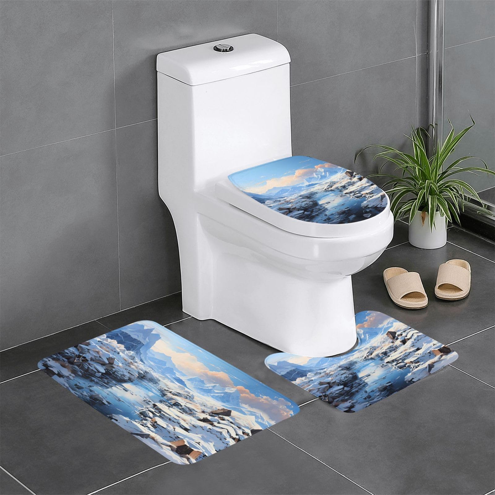 Tapis de bain antidérapant montagne enneigée 3 pièces sécurité