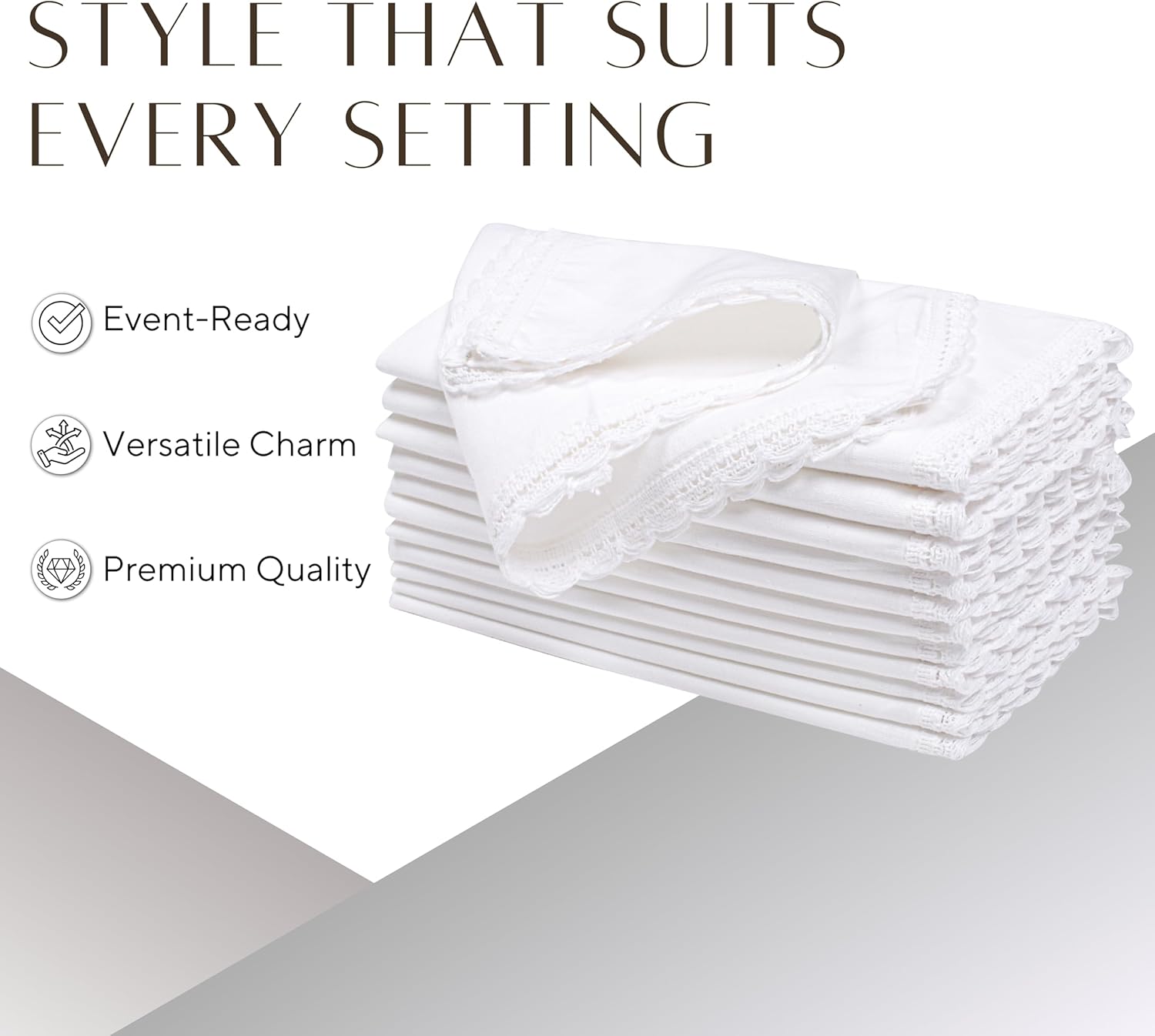 Ramanta Home White Coth Dinner Napkin Set of 12 Premium Easter Cotton 20X20 Inch Oversized Linen Flax Lace Soft & Durable Washable Ideal for Spring Basket Decor, Wedding Parties, Birthday