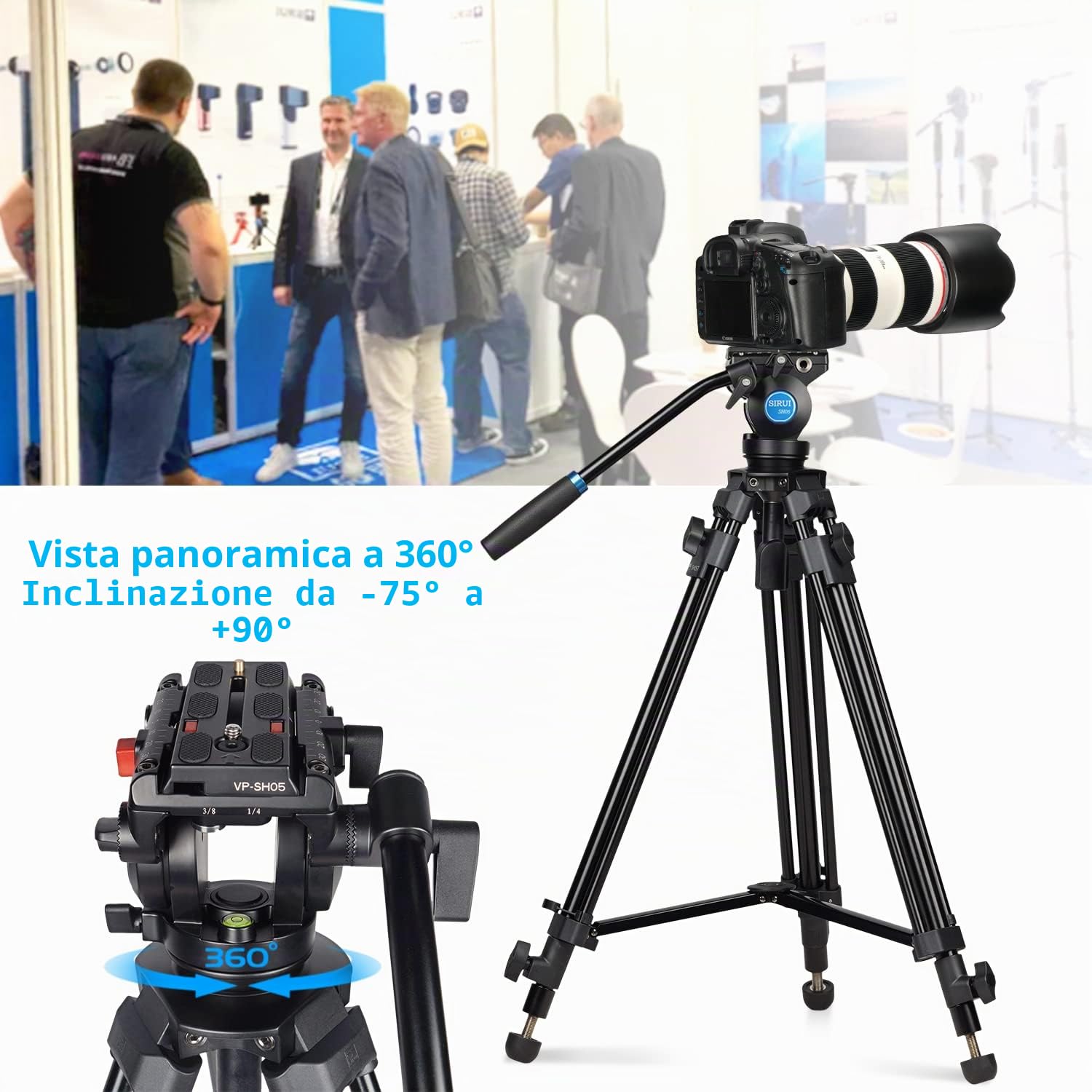 SIRUI SH05 Treppiede Video con Testa Fluida a 360°, Supporto Treppiede Leggero in Alluminio per Fotocamera Reflex, DSLR, Treppiede Cavalletto Videocamera, Altezza Massima 140cm, Carico Massimo 6kg
