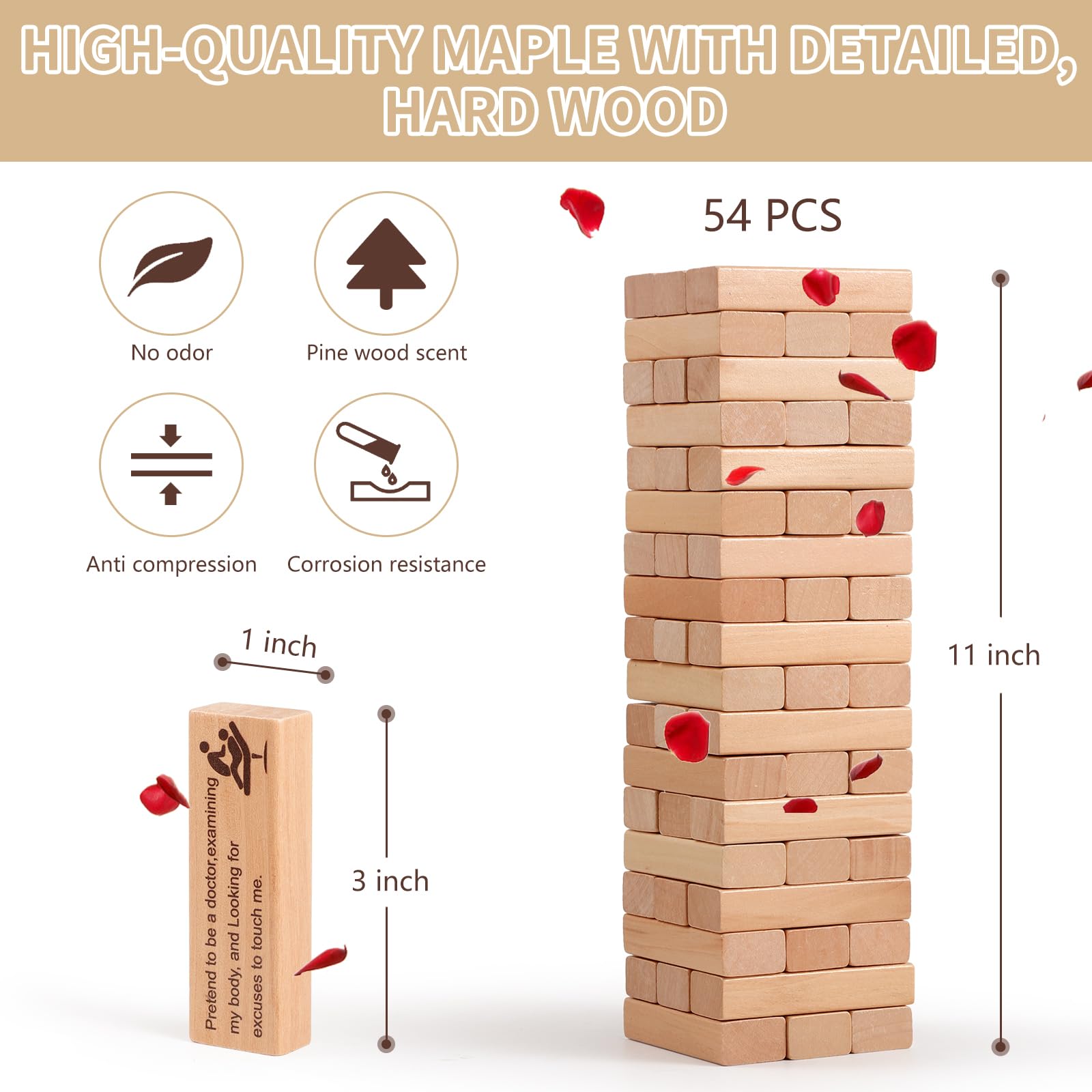 tortoise Lust Tower Block Game for Adults, Super Naughty Couples Games Grown Ups Valentine Tumbling Tower Stacking Puzzles Blocks Game Wooden (54 Pcs)