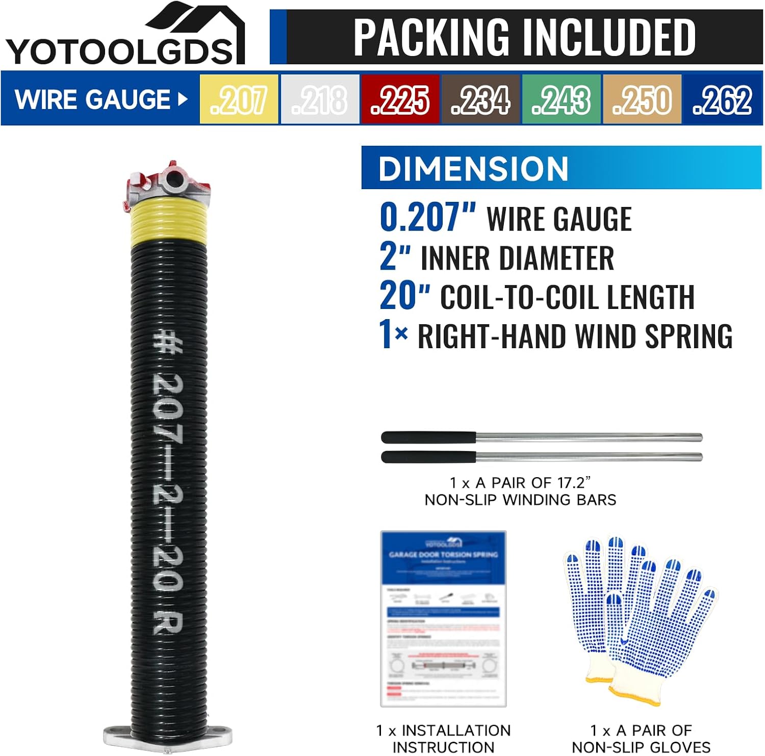 Right Hand Wind（Red Cone）2" Garage Door Torsion Spring with Non-Slip Winding Bars & Gloves, High Precision Electrophoresis Black Coated, for Replacement, MIN 16,000 Cycles (0.207x2''x20'')