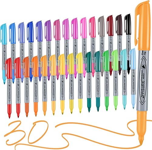 Marcadores permanentes de 30 colores, paquete de 30 marcadores permanentes, marcadores de colores surtidos, punta fina, marcadores permanentes a