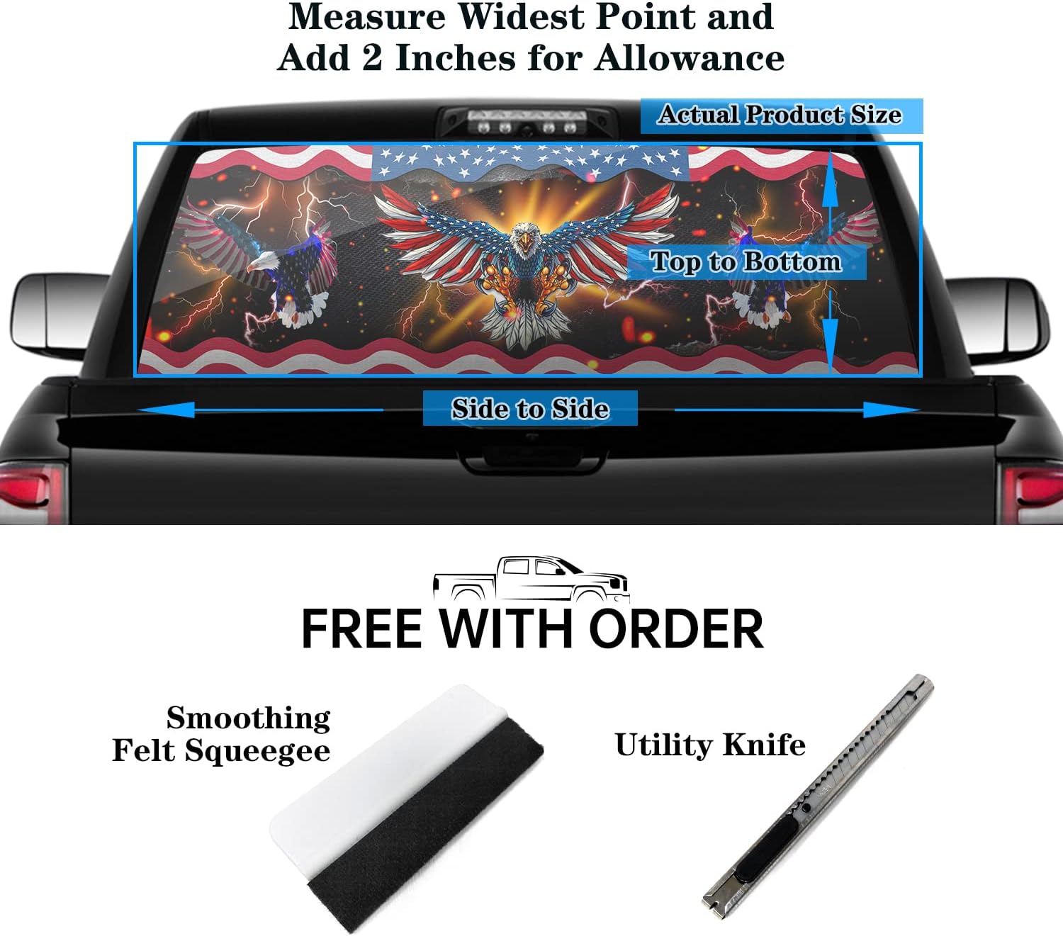 Truck Rear Window Perforated Decal Personality Lightning American Flag Eagle Fit Most Pickup Trucks, SUV, Cars - Patriotic Decoration Perforated Vinyl Sticker Size 66" x 20"