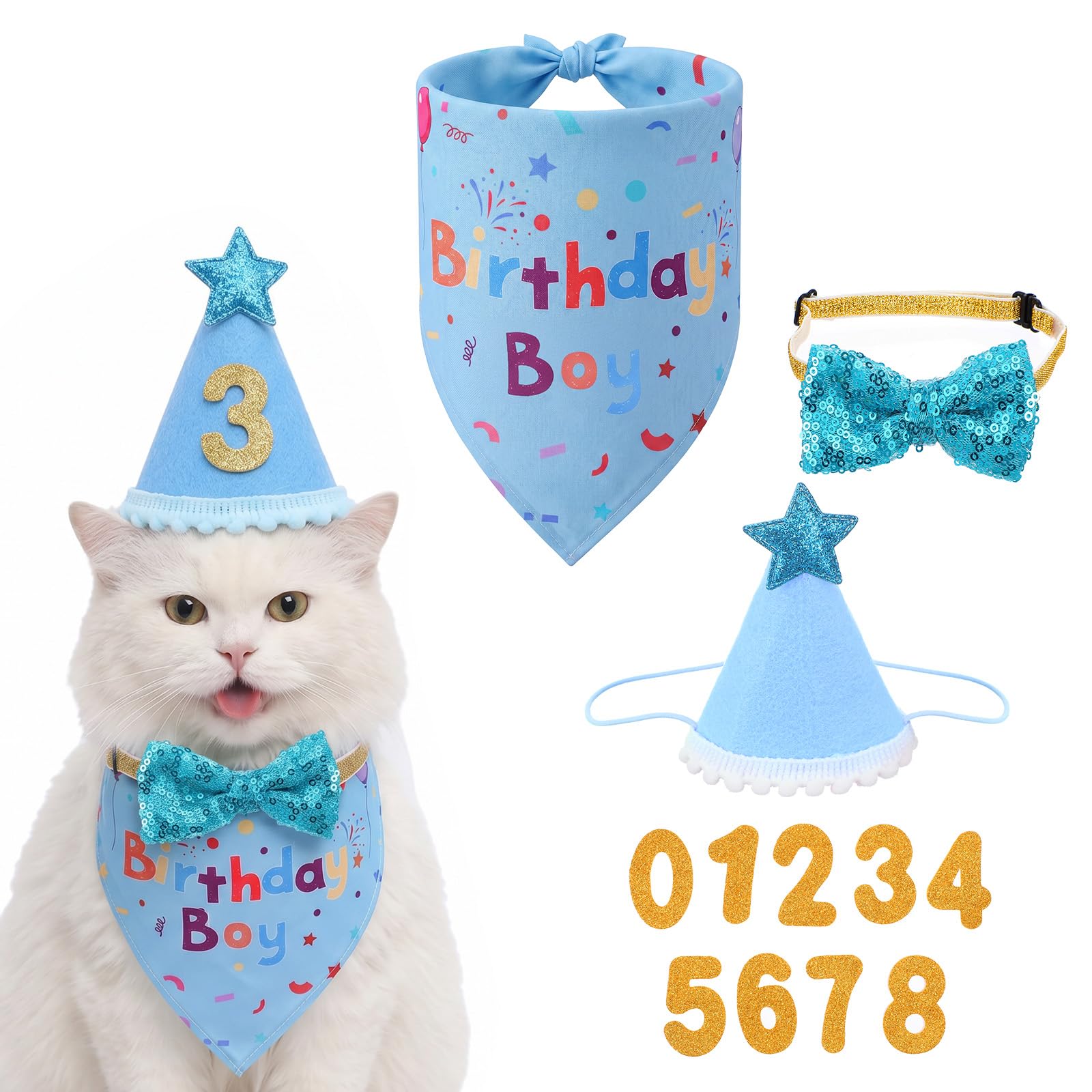 YUXMU Dog Birthday Party Supplies, Pink Dogs Birthday Hat Crown with Numbers Dog Birthdays Bandana and Bowtie Set Multi Size Birthdays Decorations for Medium Small Dogs and Cats(Blue)