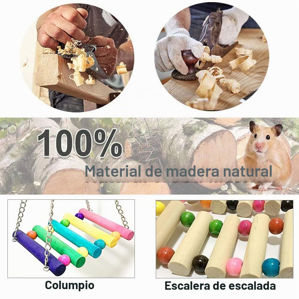 Hámster Juguete, 3 Piezas Hamster Accesorios Madera Natural, Escalera Columpio Hamaca Colgante para Columpiar Masticar Trepar y Dormir para Mascotas Pequeñas Hámster Rata Jerbos Cobayas Loro