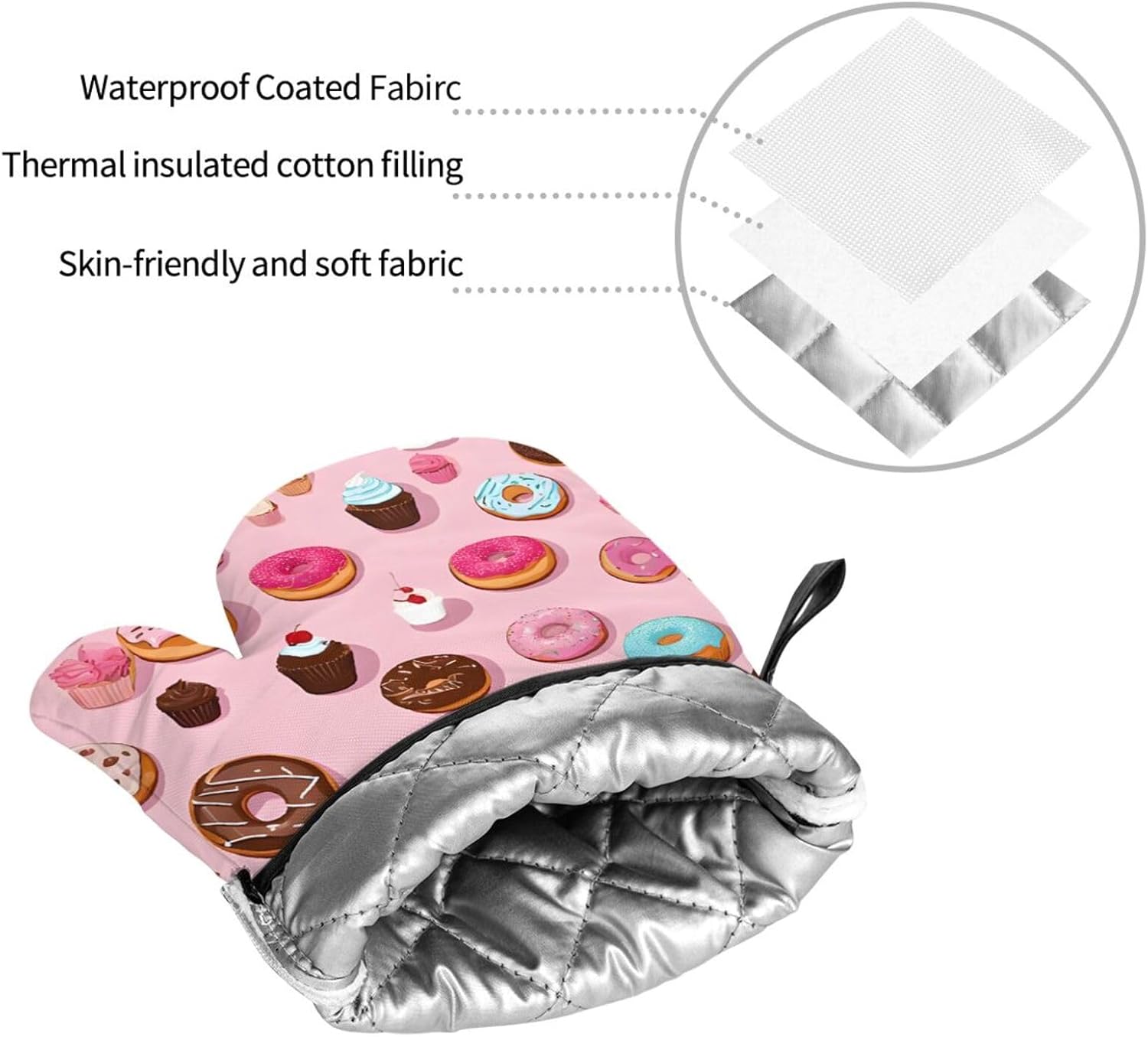 (Cupcakes Donuts Muffins Sugar) Baking 4-Piece Set: 2 Oven Mitts and 2 Pot Holders Heat Resistant Waterproof Hanging Loop for Kitchen Oven Grill Housewarming Gifts