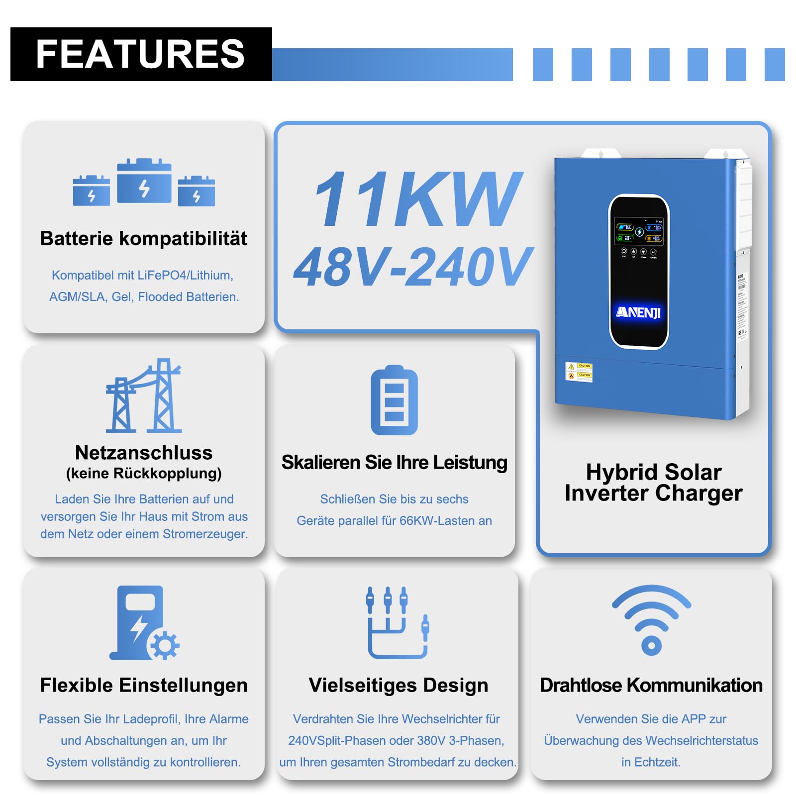 11000W Inverter ibrido 48V, 2 MPPT integrati, supporta 6 unità in parallelo, carica batteria max. 160A, può immettere energia nella rete, supporta il funzionamento senza batteria