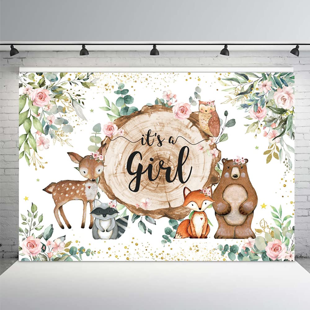 MEHOFOND It's A Girl Baby Shower Backdrop Woodland Baby Shower Decorations Jungle Animals Watercolor Eucalyptus Pink Floral Photography Background
