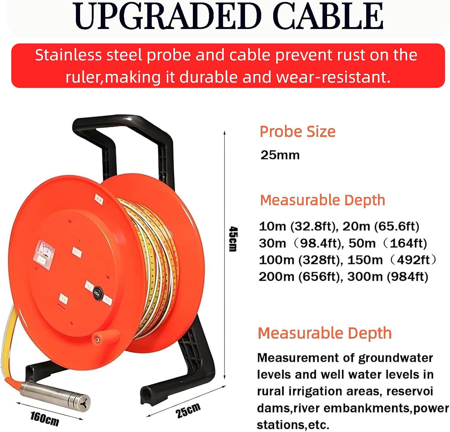 Water Level Meter,10-300m Groundwater Levels Measuring,Water Level Indicator,Well Water Depth Sounder,Electronic Water Level Gauge with Fixed Probe and Steel Tape (10m(32ft))