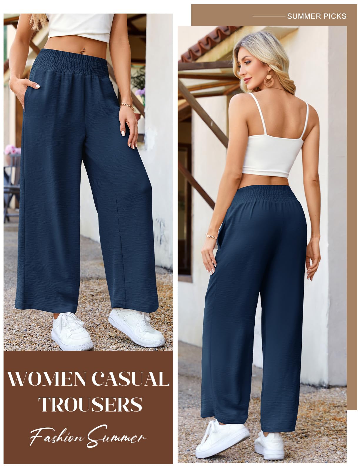 CMTOP Pantalones Mujer Verano Casuales Ligero Pantalones Anchos Fluido Pantalon Elástico Cintura Suelta Pantalone Comodo Playa Pantalón con Bolsillos