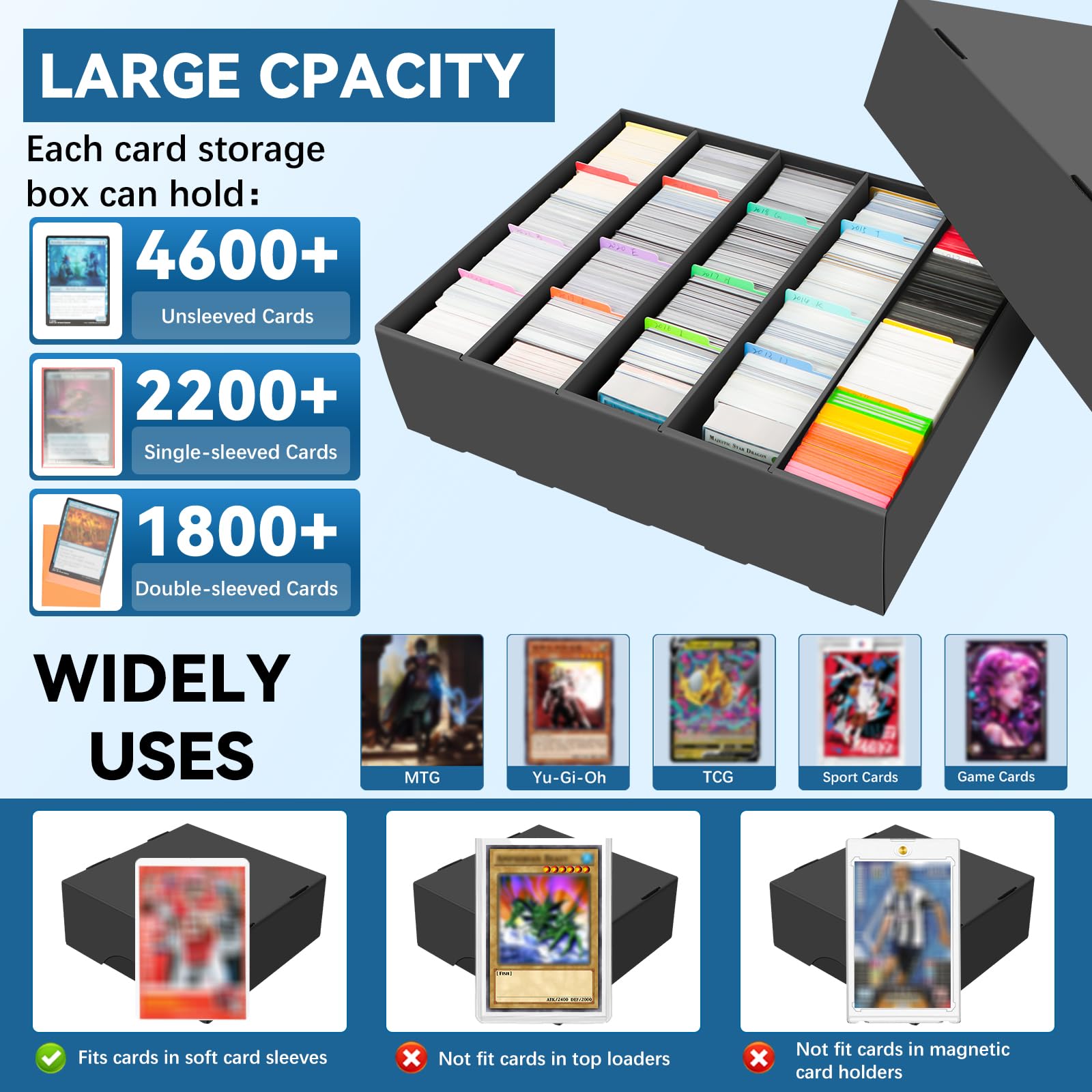 6Pcs Scatola di Carte da Collezione, con 48 Divisori Colorati, per 27900 Carte Collezionabili, Scatola per Carte Nera, Scatola In Cartone per La Conservazione Di Carte TCG/Magic/MTG