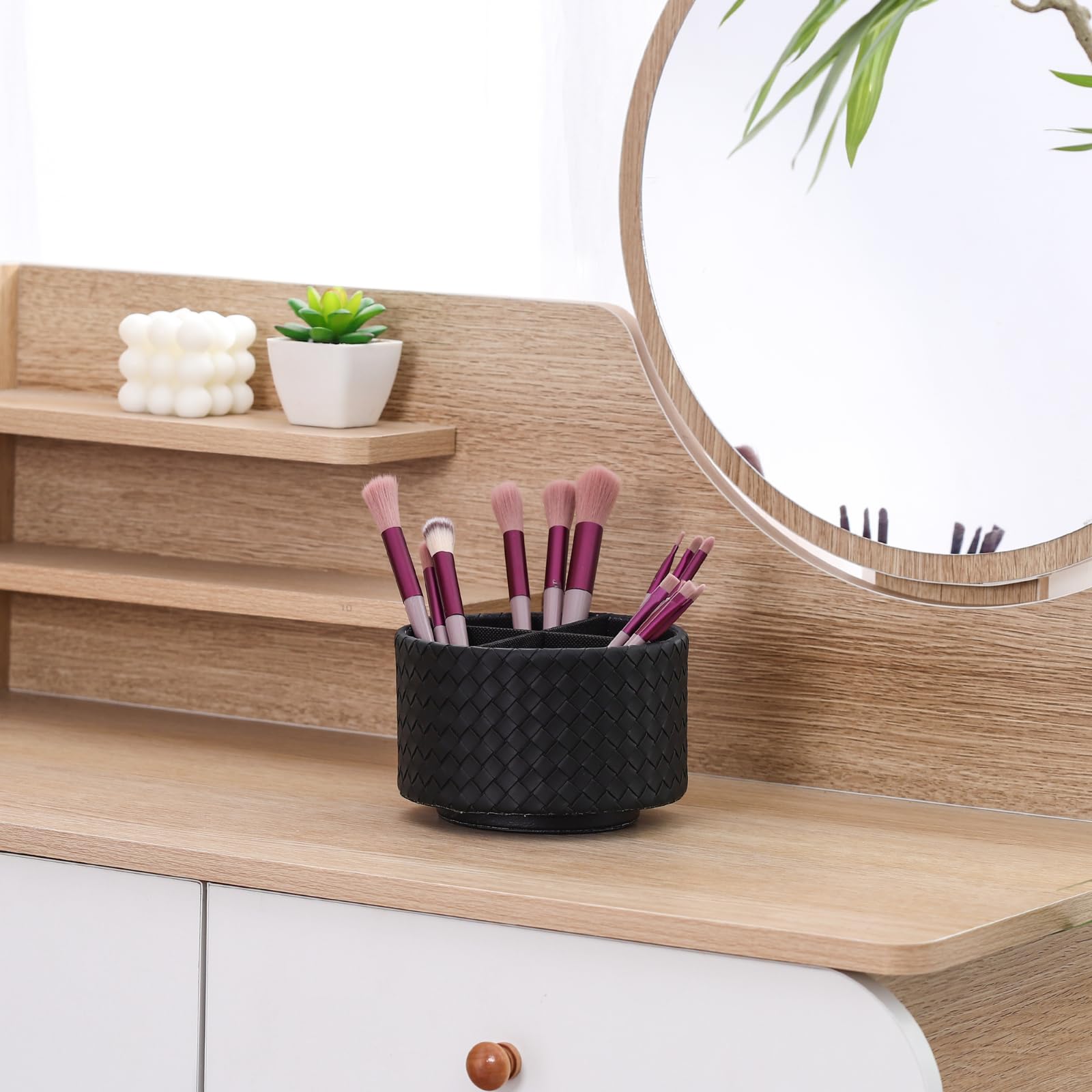 Portalápices giratorio, de piel sintética, rotación de 360 grados, soporte para control remoto para mesa con 4 compartimentos, bonito organizador de escritorio, negro PH116