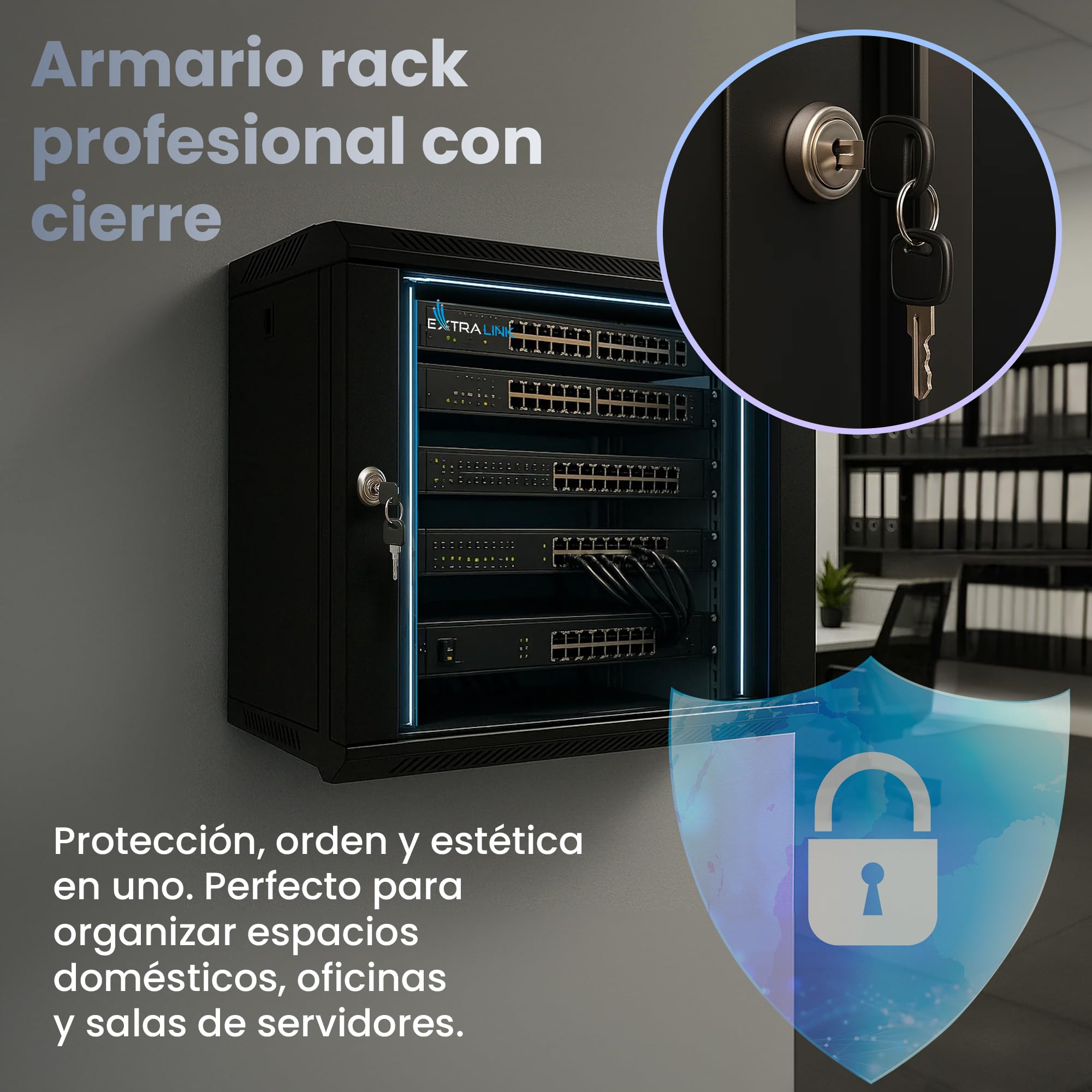 Extralink Armario Rack de 19" 6U - Armario de Red de 600mm, para Montaje en Pared o Suelo, hasta 60 kg, Puerta de Cristal Templado, Apertura Delantera y Trasera, Negro - para Red doméstica y IT