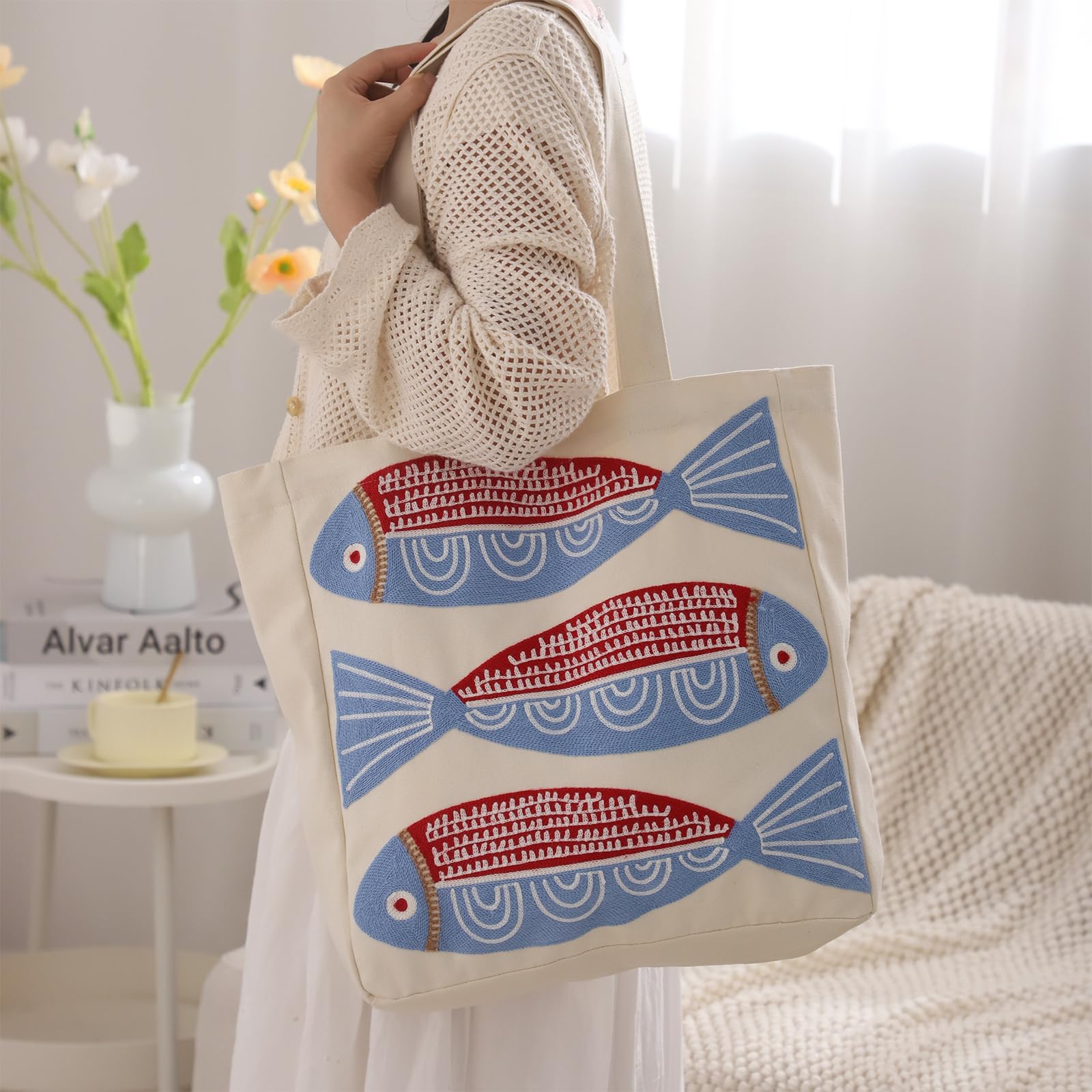 Ozean Stickerei Frauen Tasche Sommer Leinwand Strandtasche Wiederverwendbare Einkaufstasche Einkaufsbuch