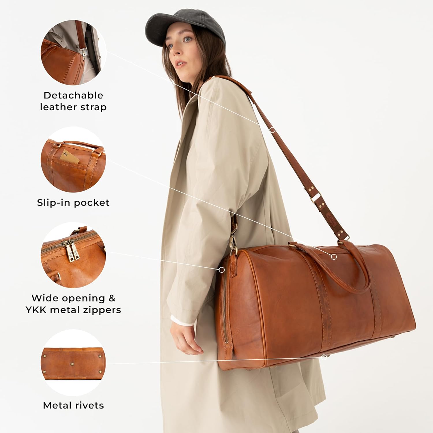 Berliner Bags Vintage Genuine Leather Duffle Bag Boston for Travel or the Gym, Weekender, Travel Bag, Overnight Bag for Men and Women - Brown - Image 3