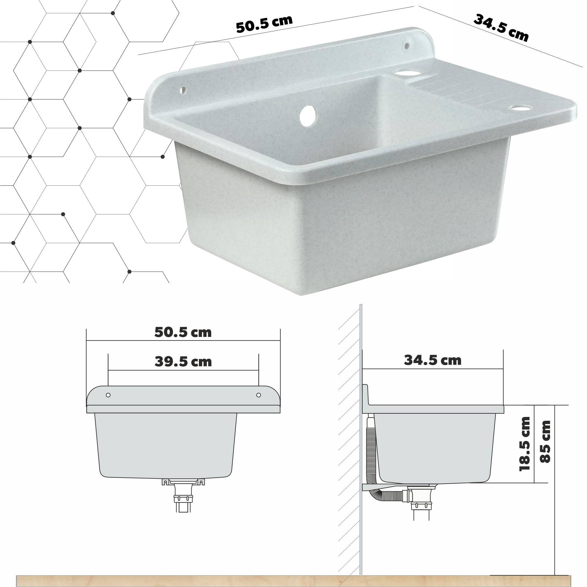 KADAX GOSPO Bac de lavabo en polypropylène, 50,5 x 34 x 26,5 cm, évier avec robinet, siphon, distributeur de savon, lavabo, évier de ménage (Blanc)