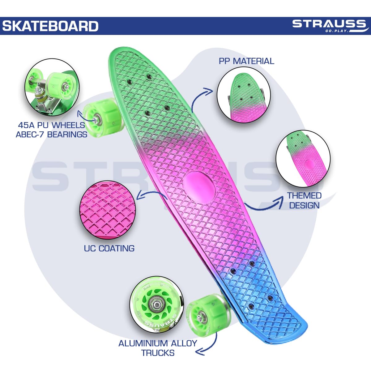 STRAUSS Polypropylene Cruiser Skateboard Penny Casterboard Hoverboard Anti-Skid Board With Abec-7 High Precision Bearings Ideal For 8 Years And Above 22 X 6 Inch, (Green,Pink,Blue) - Image 5 thumbnail